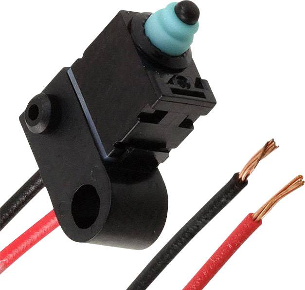 Mały wyłącznik krańcowy z niebieskim kapturkiem i dwoma odkrytymi przewodami w kolorze czerwonym i czarnym, stosowany do sterowania urządzeniami elektrycznymi.