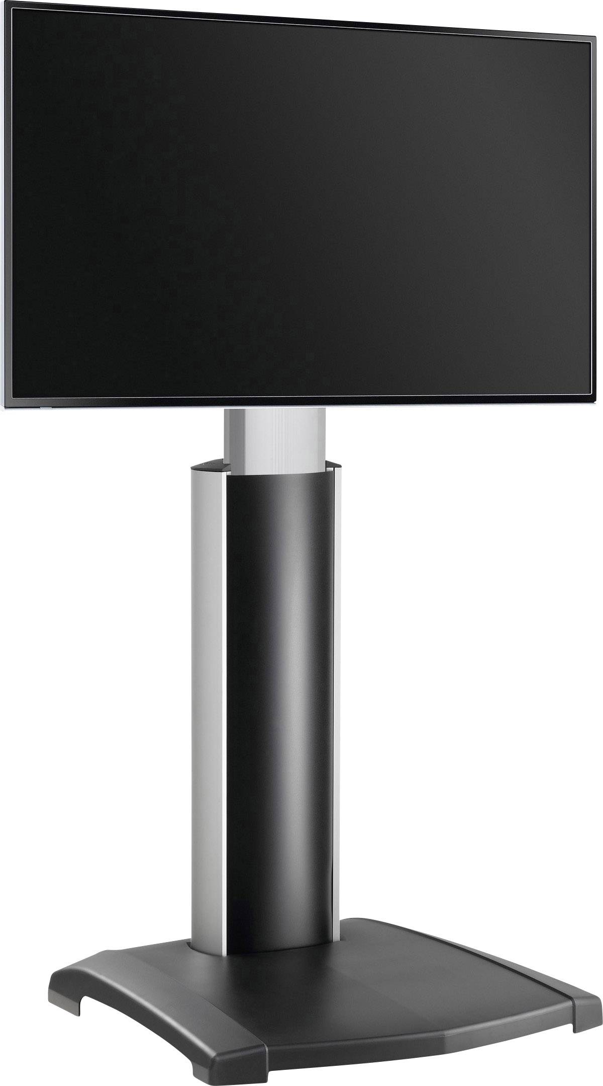 Czarny monitor stoi na stabilnej, regulowanej wysokościowo podstawie. Idealny do prezentacji lub podczas targów.