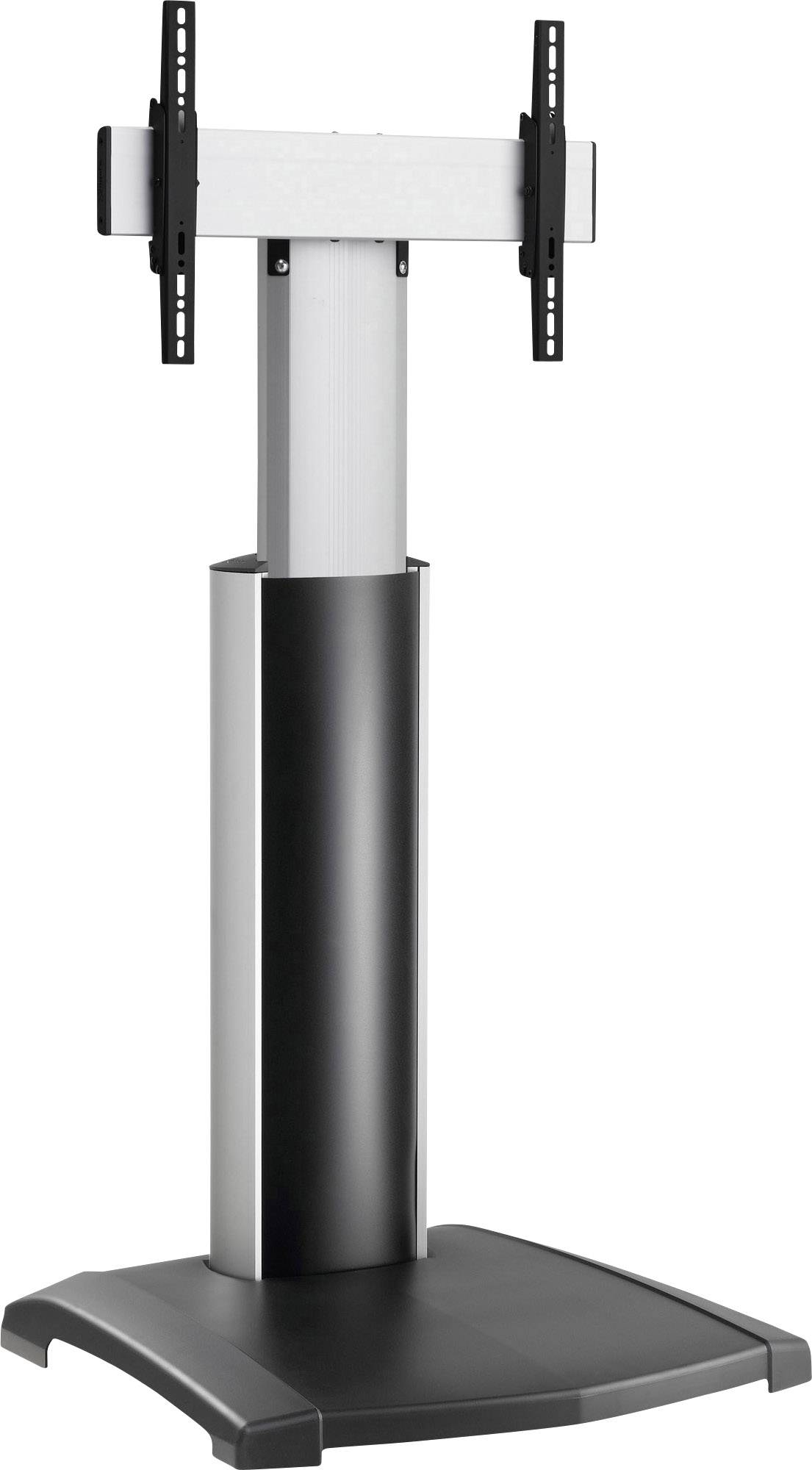 Czarny, wolnostojący stojak na telewizor z prostokątną podstawą i szynami montażowymi do zamocowania ekranu.