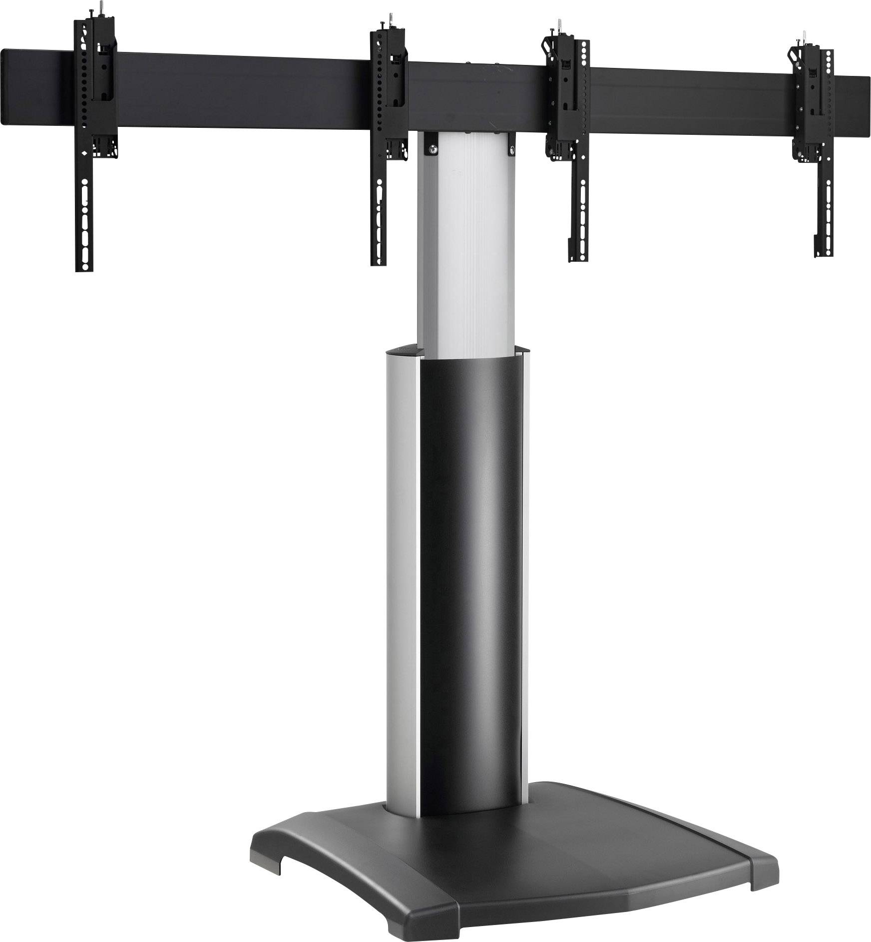 Czarny stojak na monitory z pięcioma uchwytami do ekranów, zamontowany na srebrnym słupie z solidną, prostokątną podstawą.