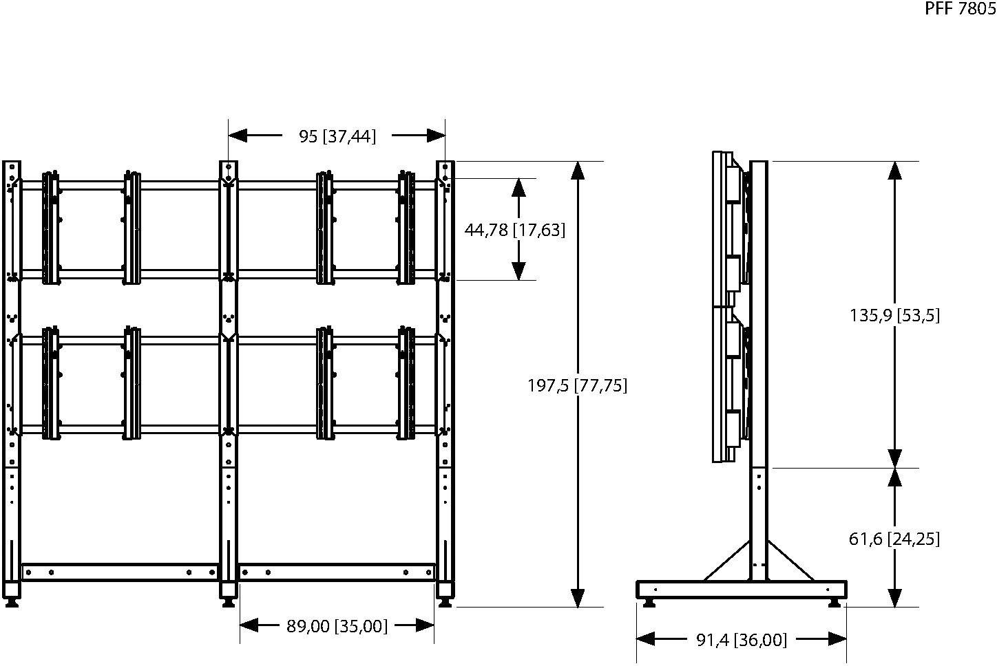 Diagram wymiarów podstawy monitora. Widok z przodu przedstawia trzy ekrany ustawione obok siebie. Widok z boku pokazuje wysokość i szerokość w centymetrach i calach.