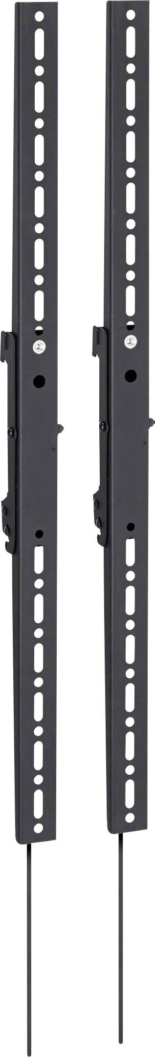 Dwie czarne, pionowe metalowe uchwyty z otworami i szczelinami, prawdopodobnie przeznaczone do zamocowania płaskiego ekranu na ścianie.