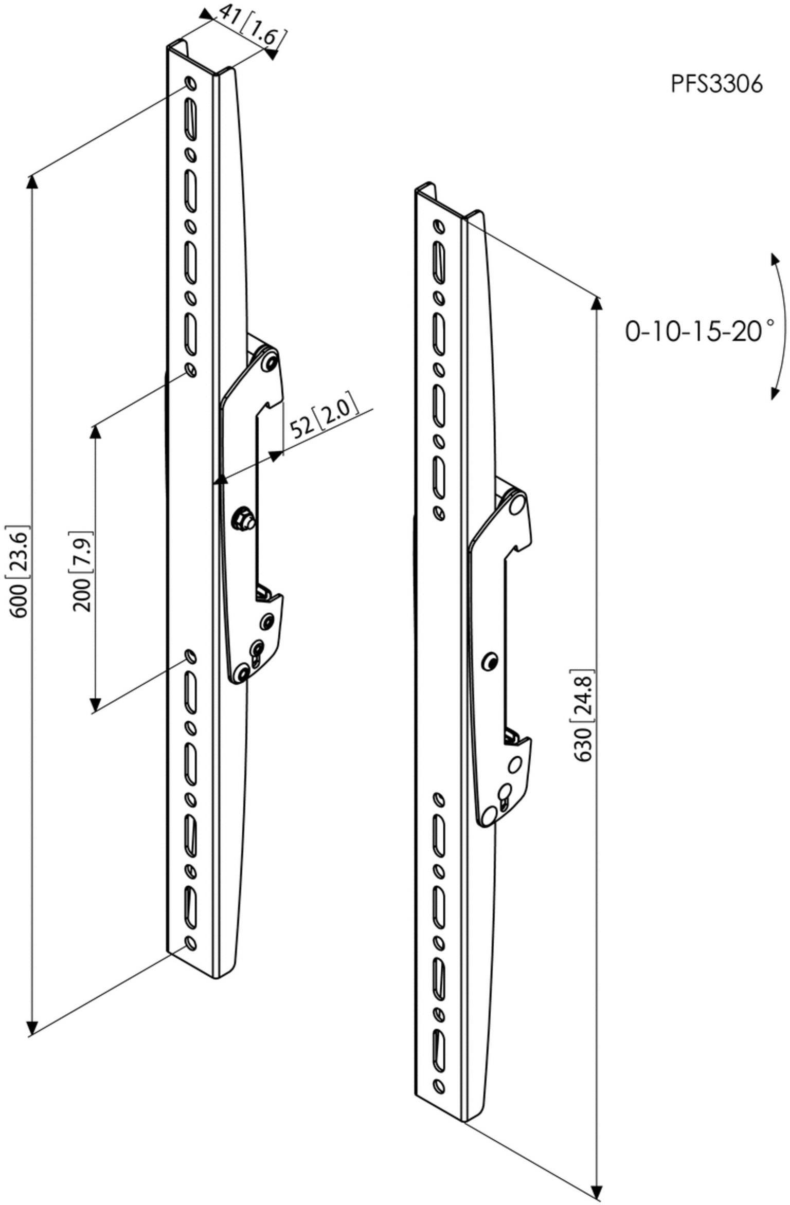 Rysunek techniczny dwóch profili metalowych z wymiarami w milimetrach: długość 600, 620; szerokość 41; kąt nachylenia 0-10-15-20 stopni.