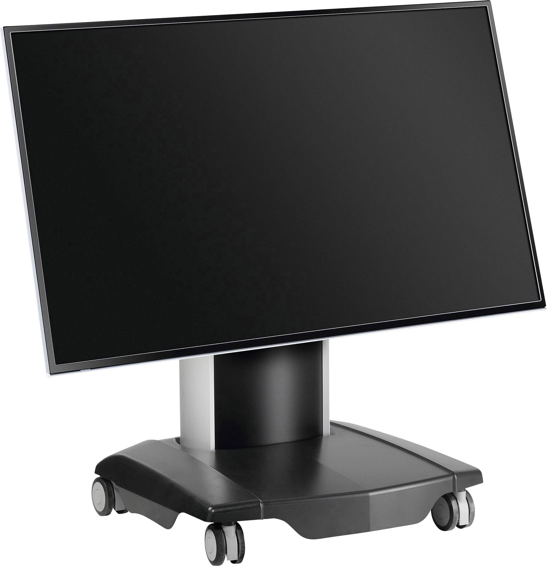 Duży czarny ekran na mobilnym stojaku, odpowiedni do prezentacji lub konferencji.