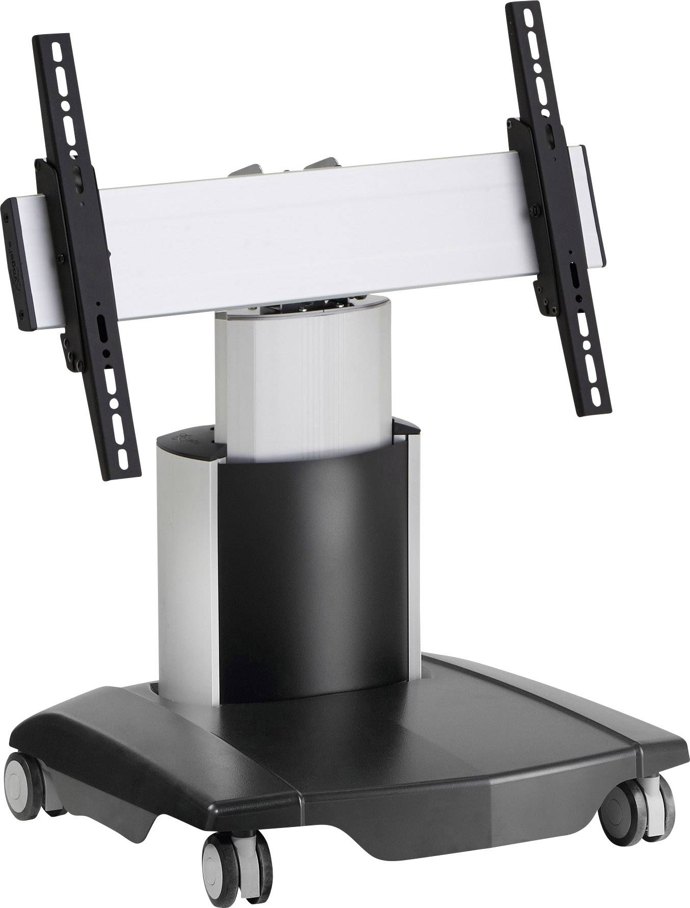 Mobilny stojak na telewizor z regulowaną podstawą i czterema kółkami. Idealny do prezentacji lub zastosowań mobilnych.