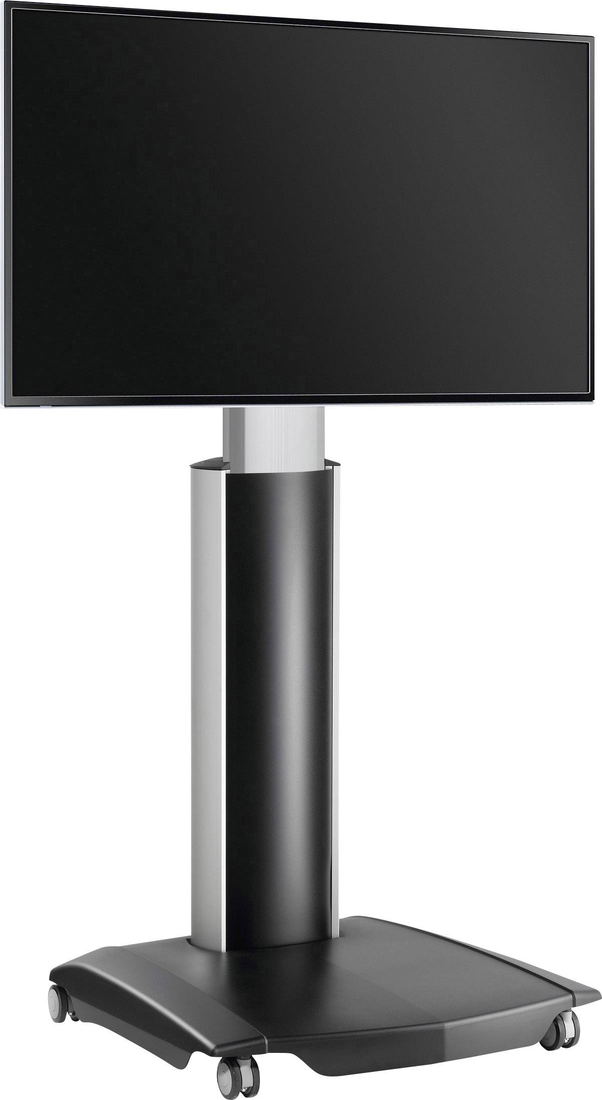 Czarny płaski ekran na srebrnej, regulowanej wysokościowo podstawie z czterema kółkami.