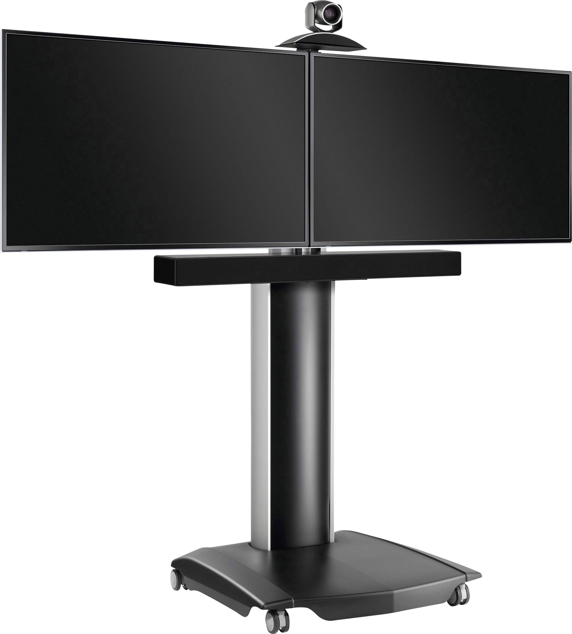 Dwa czarne ekrany ustawione obok siebie na mobilnym stojaku z kamerą umieszczoną na górze, odpowiednie do systemów wideokonferencyjnych.