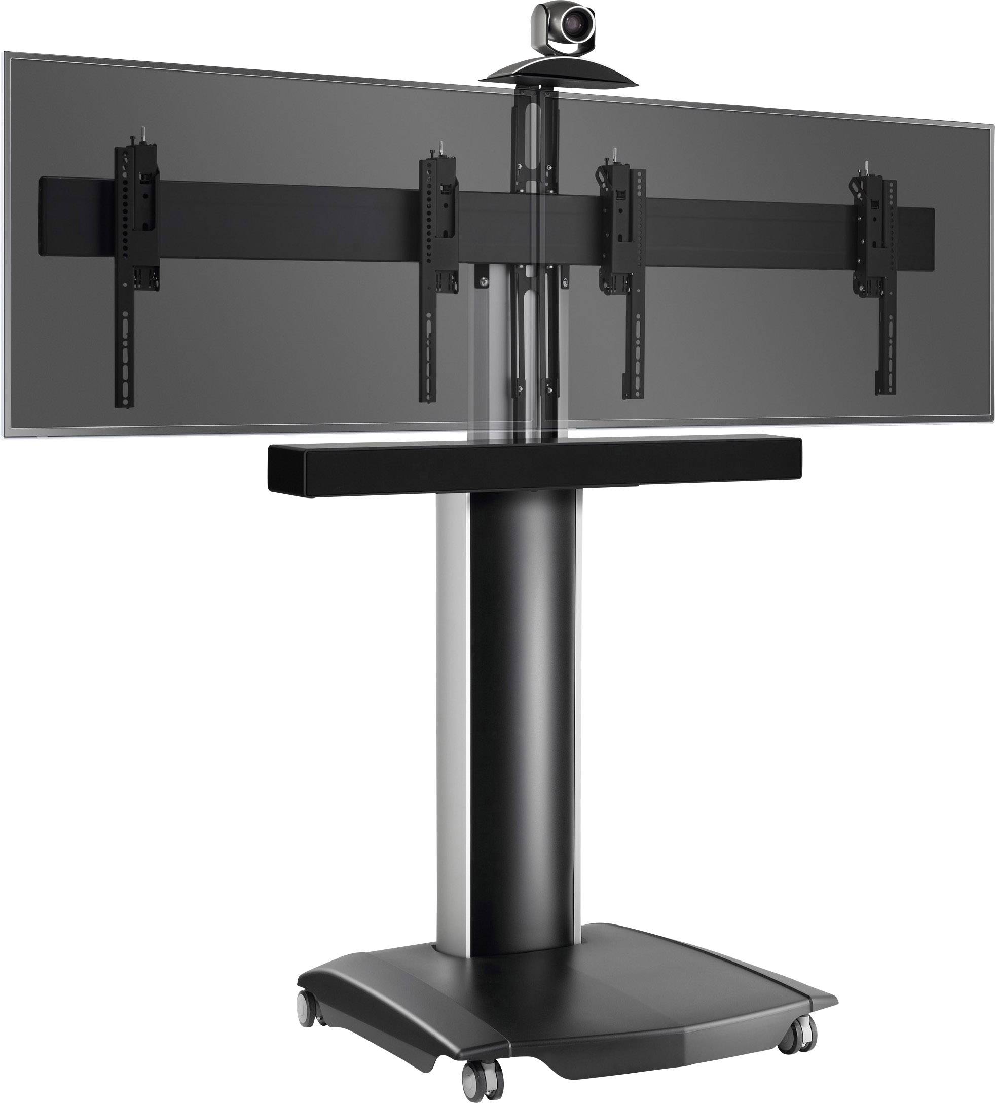 Czarny wózek AV z płaskim uchwytem na ekran, kamerą zdalnego sterowania na górze i pasem głośnikowym na dole, zamontowany na kółkach.