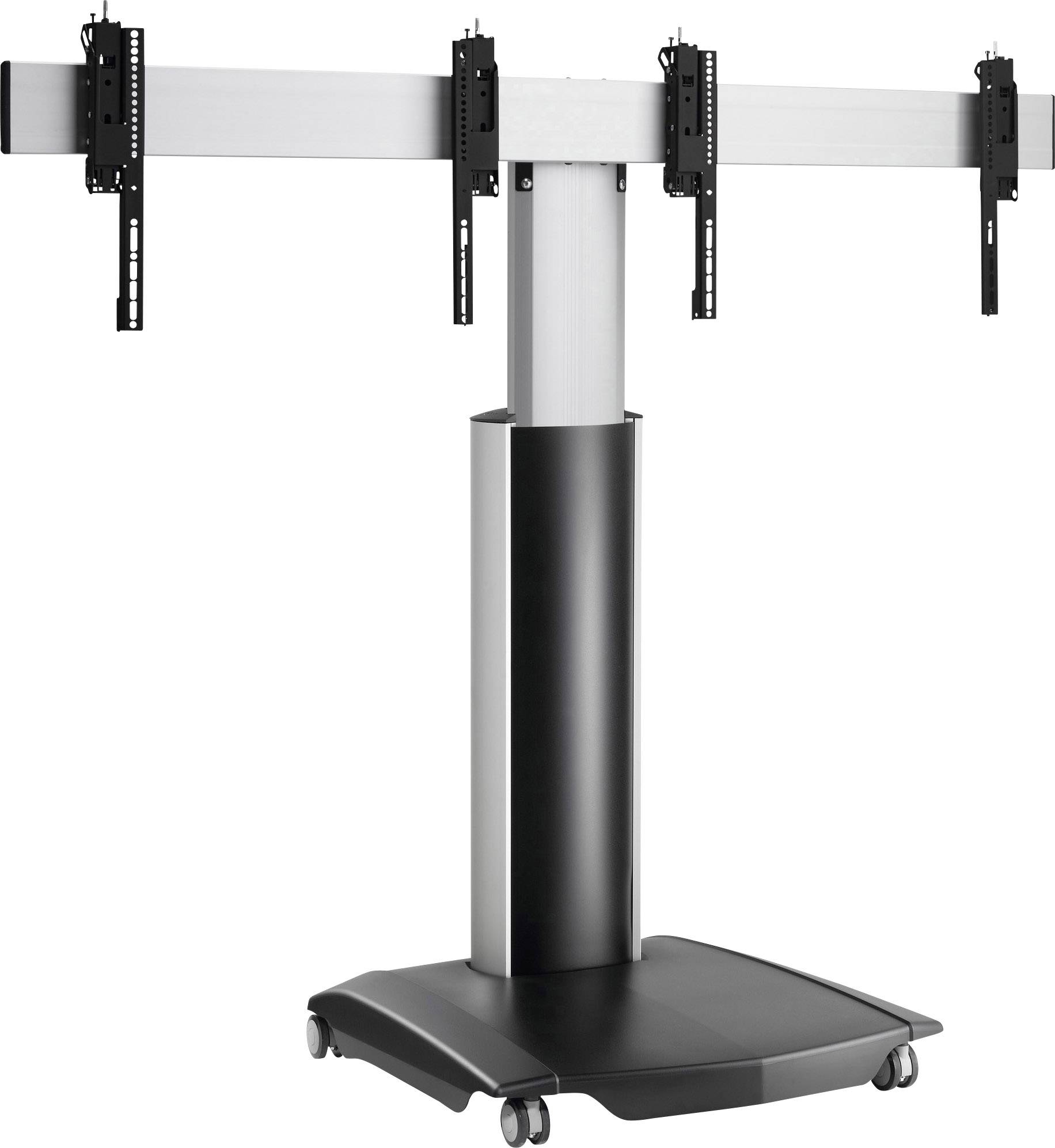 Nowoczesny stojak na telewizor z czterema uchwytami na stabilnej podstawie metalowej z kółkami. Odpowiedni do mocowania wielu ekranów.