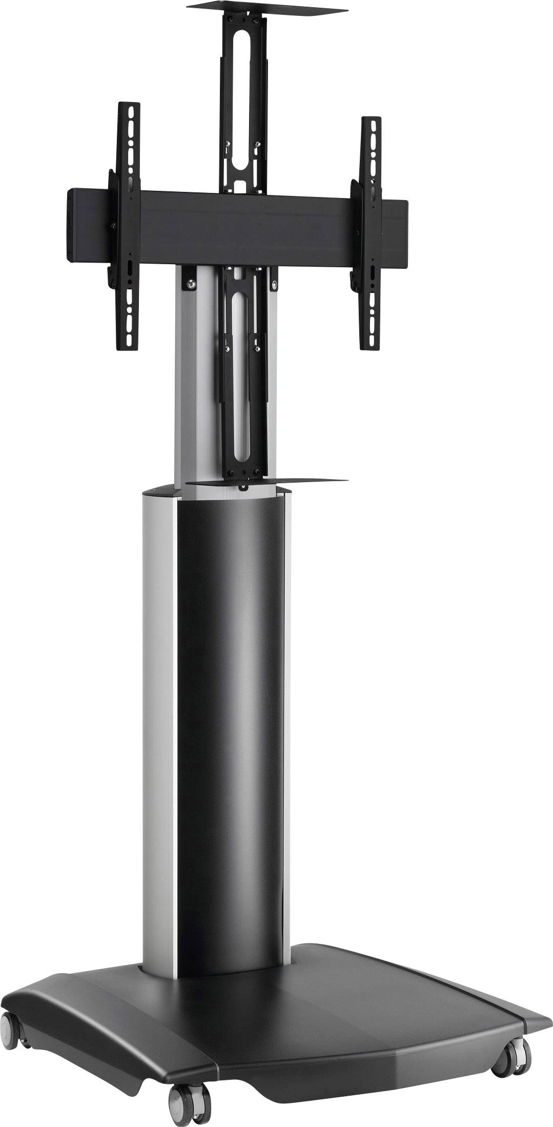 Czarny, regulowany wysokościowo stojak na telewizor z kółkami, odpowiedni dla dużych telewizorów płaskich; zapewnia mobilność i elastyczność podczas prezentacji.