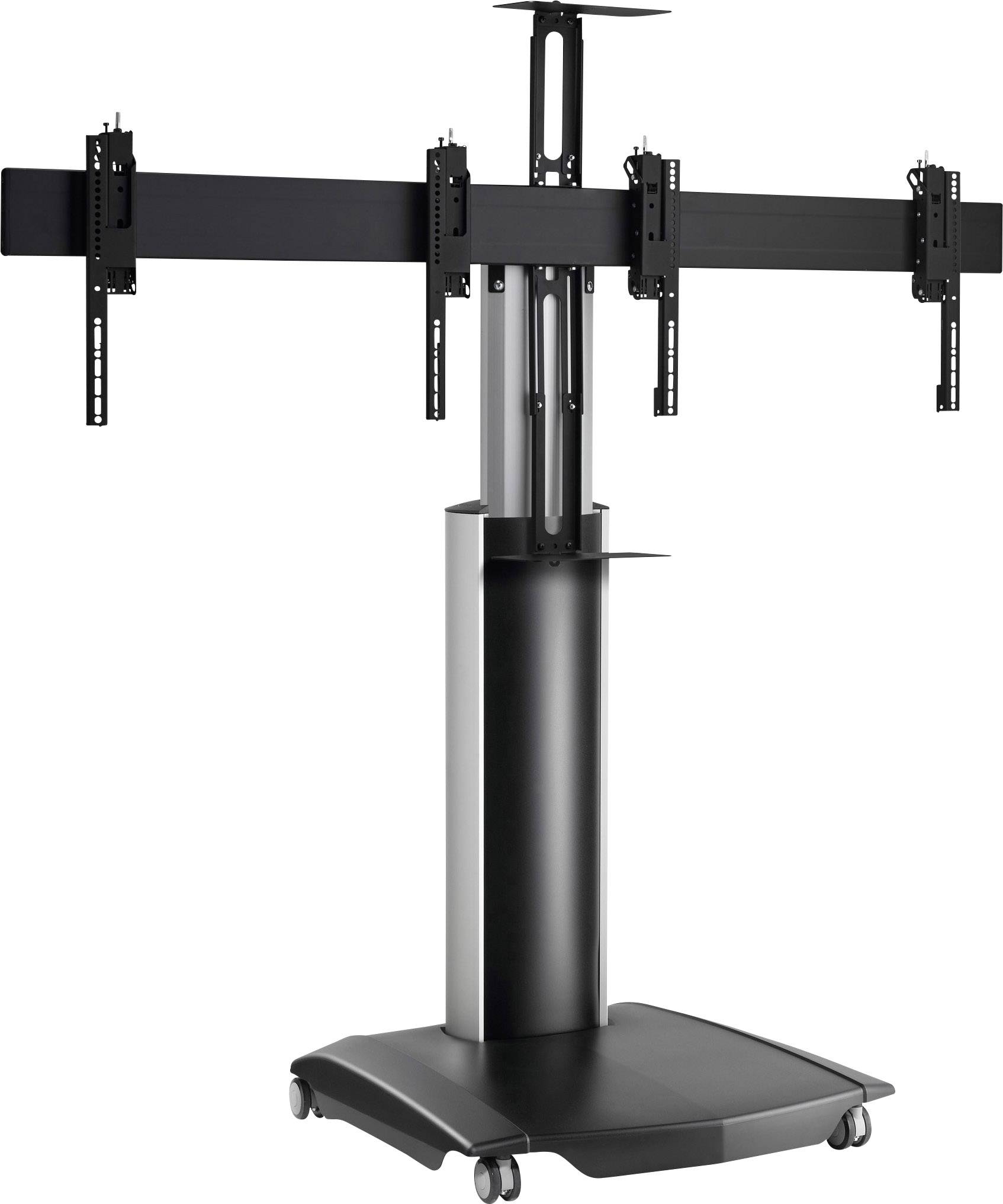 Czarny stojak na telewizor na kółkach, przystosowany do wielu ekranów, z regulacją wysokości. Idealny do sal konferencyjnych lub prezentacji.