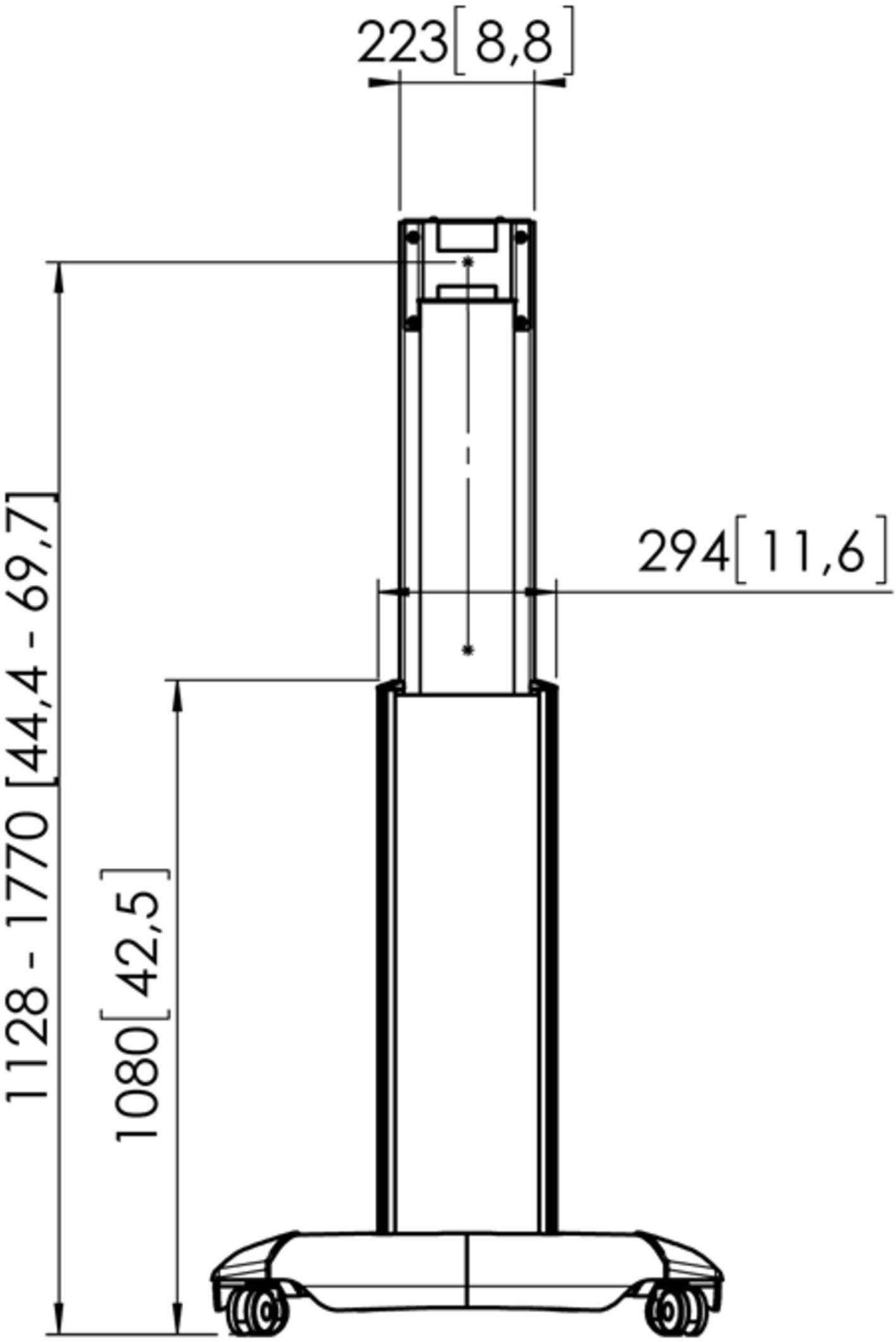 Rysunek techniczny regulowanego na wysokość stojaka z wymiarami podanymi w milimetrach. Kółka na dole, funkcja teleskopowa u góry.