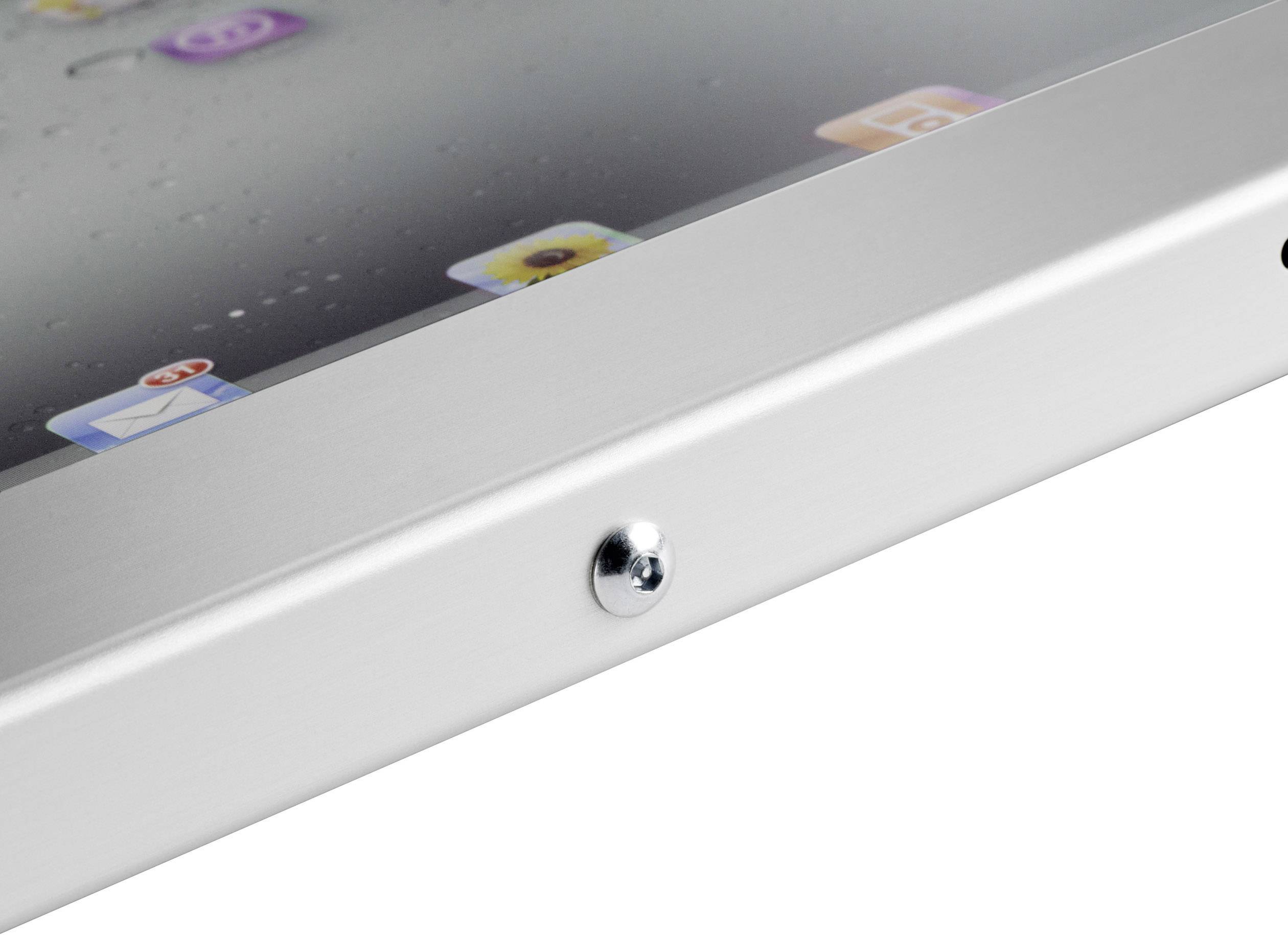 Róg cyfrowego tabletu z aplikacjami na ekranie, w srebrnej ramce.