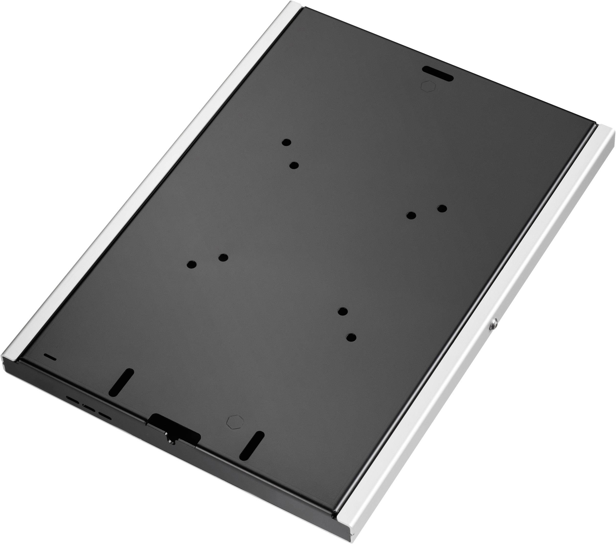 Czarna, prostokątna metalowa taca z kilkoma małymi otworami. Posiada srebrne krawędzie i mogłaby być elementem systemu mocującego.