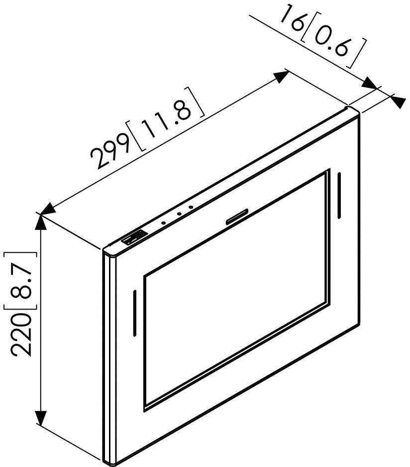 Rysunek techniczny prostokątnego urządzenia o wymiarach: 299 mm szerokości, 220 mm wysokości, 16 mm głębokości.