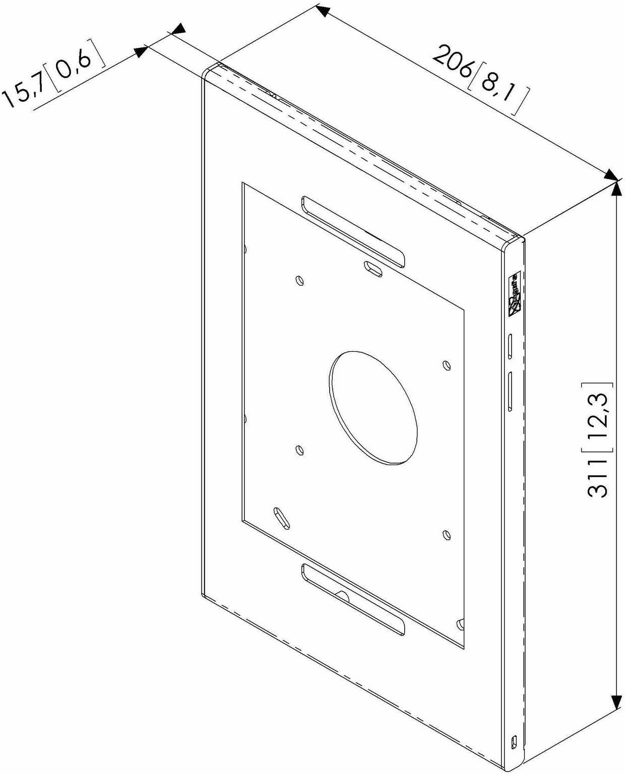 Część montażowa urządzenia o wymiarach: 206 mm szerokości, 311 mm wysokości, 15,7 mm głębokości, przedstawiona na rysunku technicznym.