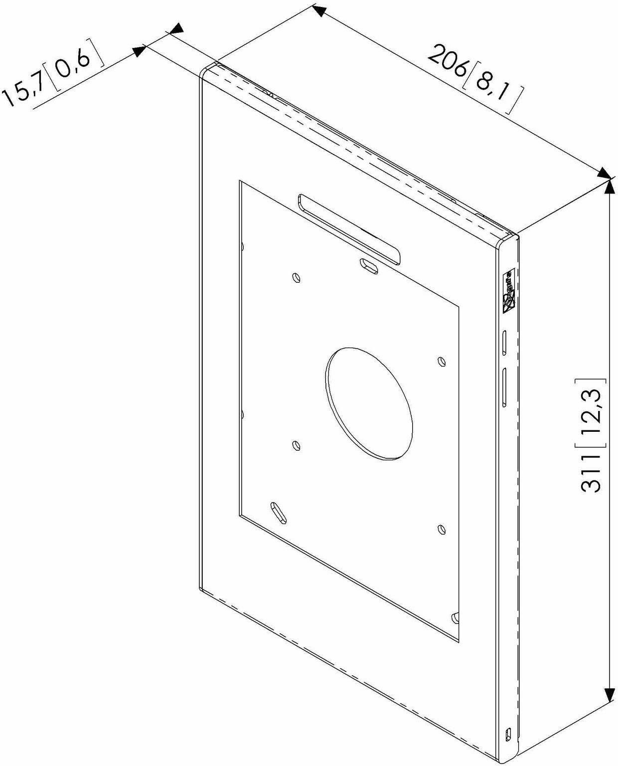 Rysunek techniczny prostokątnego urządzenia przedstawiający widok z boku, o wymiarach 15,7 x 206 x 311 mm.