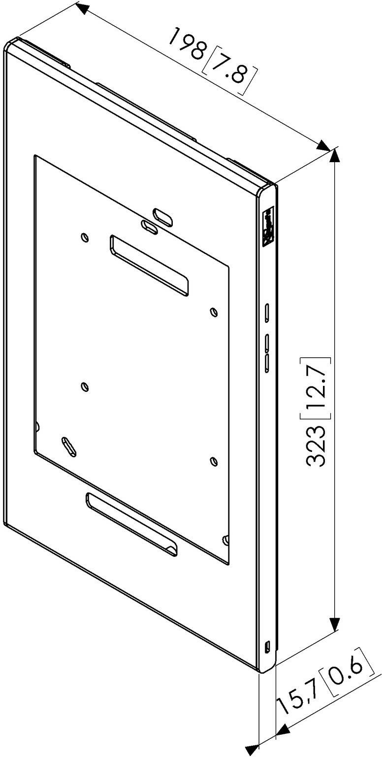 Rysunek liniowy prostokątnego urządzenia o wymiarach: 198 mm szerokości, 323 mm wysokości, 15,7 mm głębokości. Wskazanie złączy z boku.