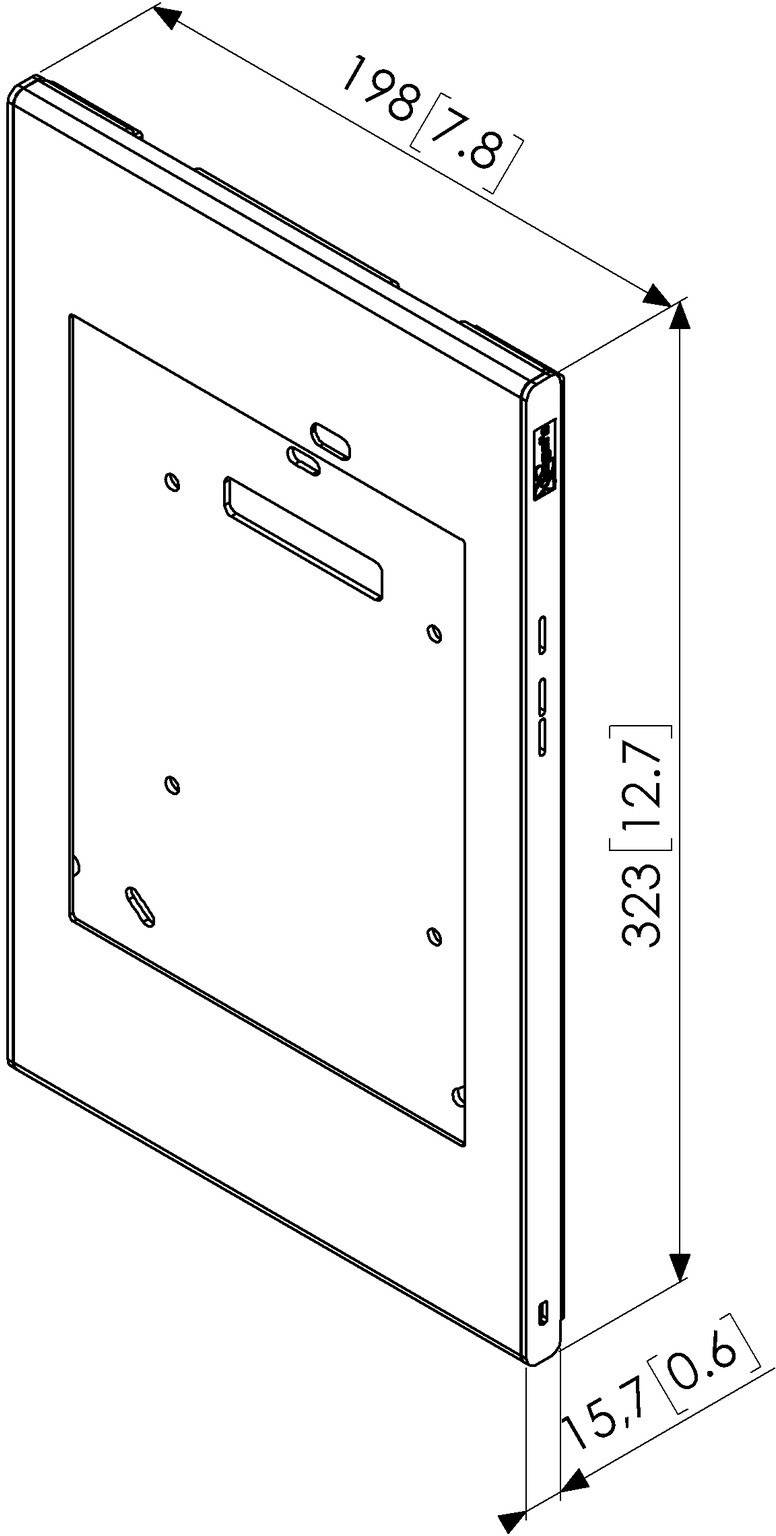Rysunek techniczny prostokątnego urządzenia o wymiarach 198 x 323 x 15,7 milimetrów. Widoczne są złącza boczne oraz punkty mocowania.