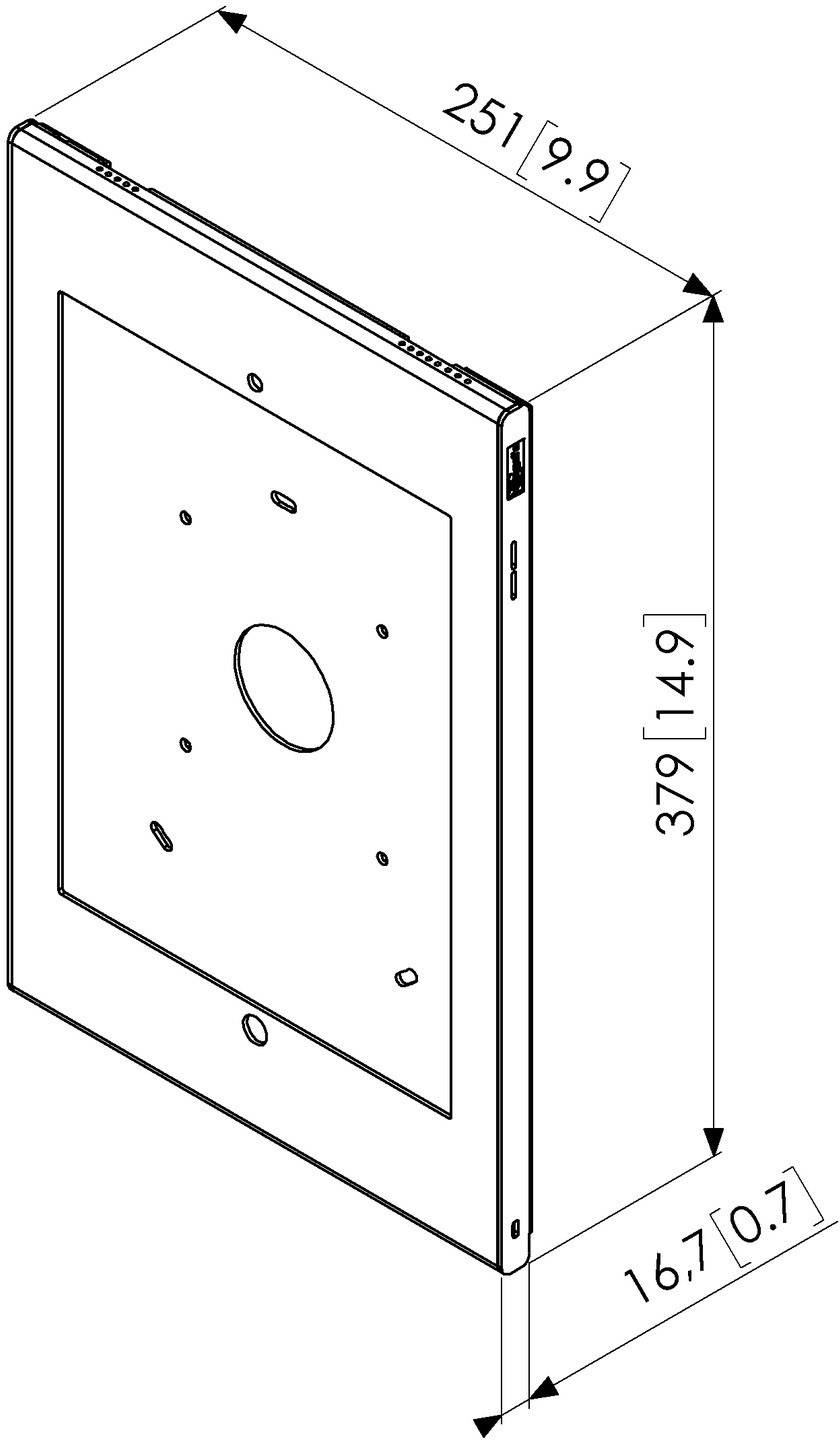 Rysunek izometryczny prostokątnego urządzenia o wymiarach 251 x 379 x 16,7 mm. Wymiary w nawiasach przedstawiają przeliczenie na cale.