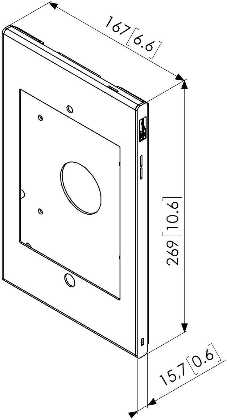 Rysunek techniczny prostokątnego urządzenia o wymiarach 167 mm x 269 mm x 15,7 mm. Przedstawia widok z przodu z punktami mocowania.