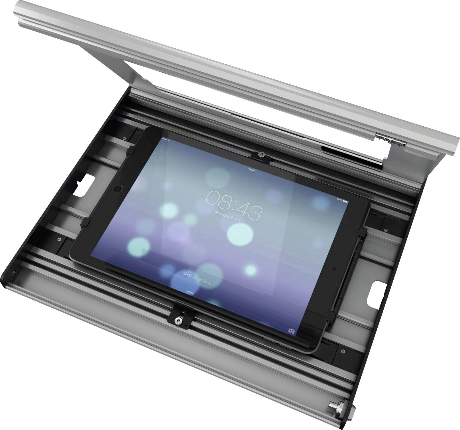 Tablet w otwartej metalowej obudowie z przezroczystą osłoną. Wyświetlacz pokazuje godzinę 08:43.