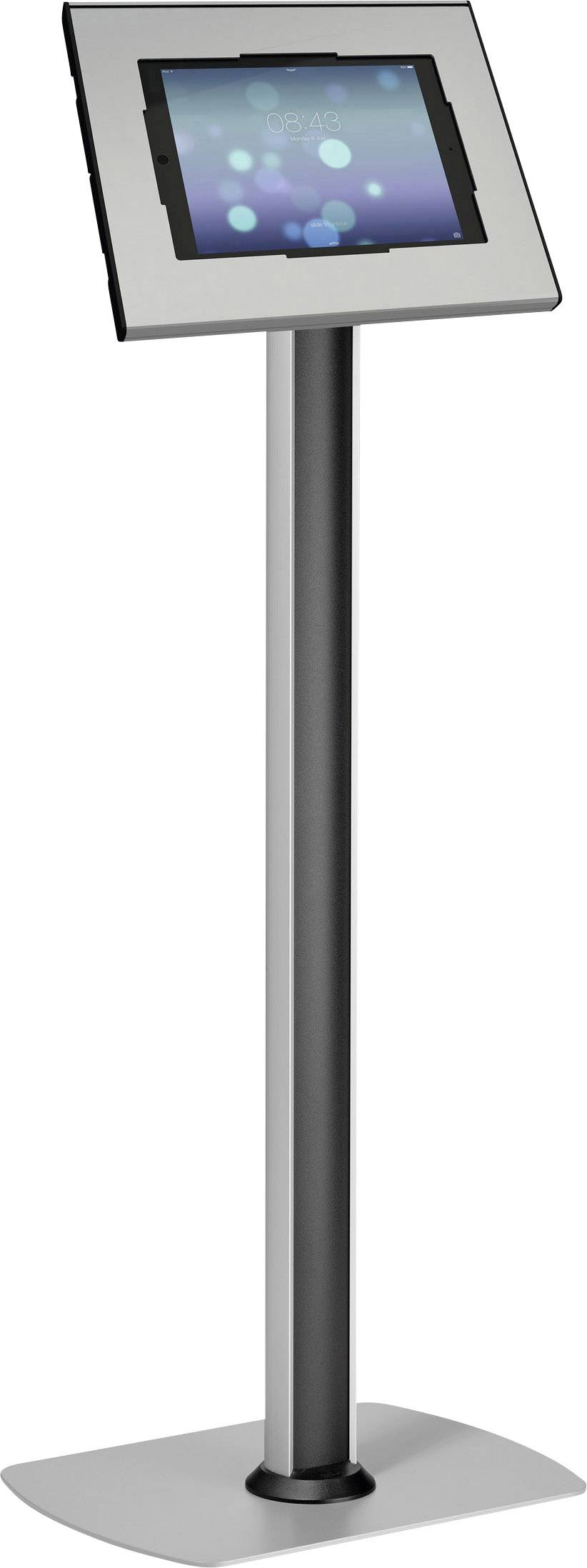 Tablet w srebrnym, wolnostojącym stojaku. Na ekranie widać rozmyty, abstrakcyjny wzór złożony z punktów na niebieskim tle.