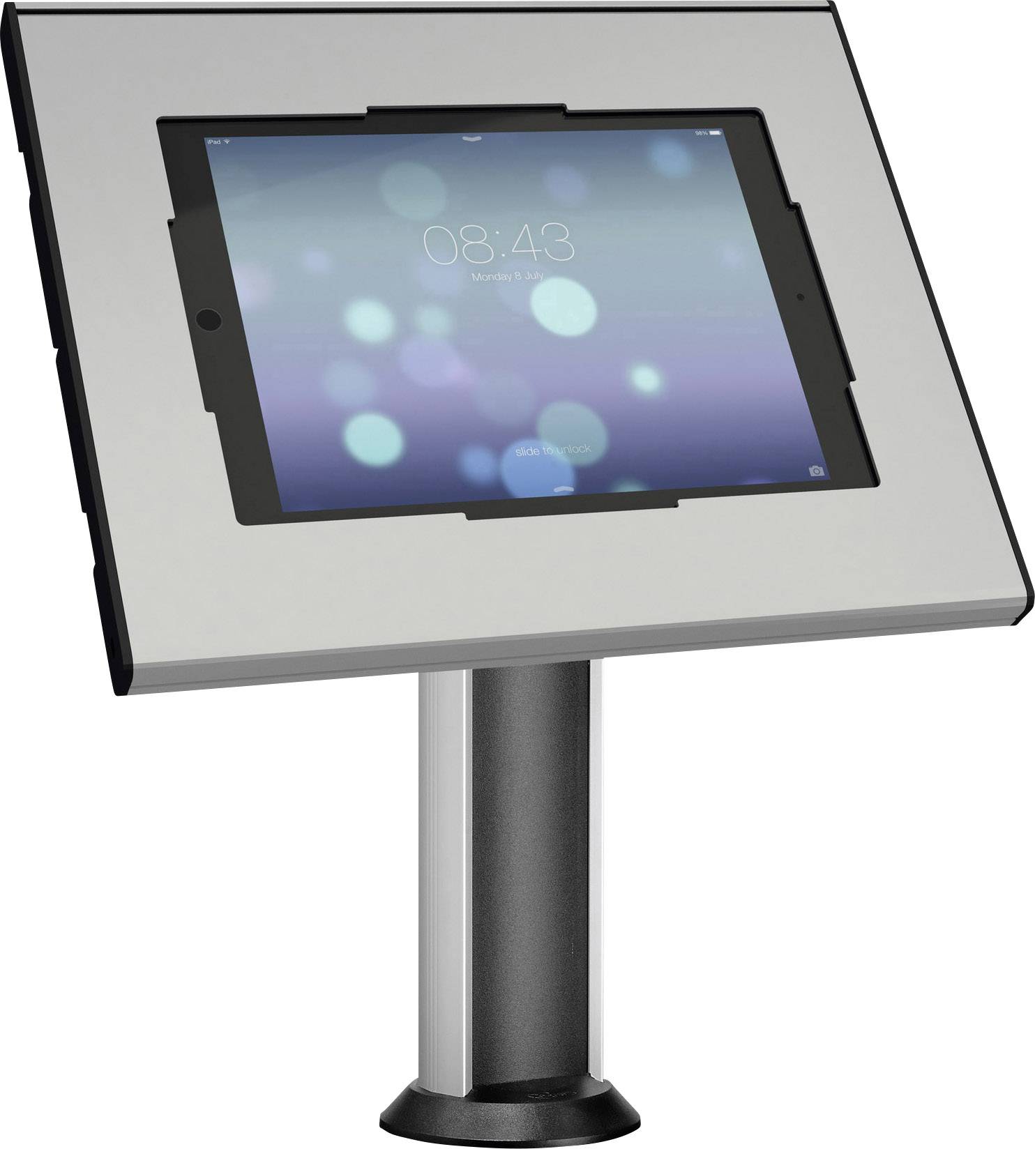 Tablet w metalowym uchwycie na stojaku, wyświetlający ekran blokady z godziną 08:43.