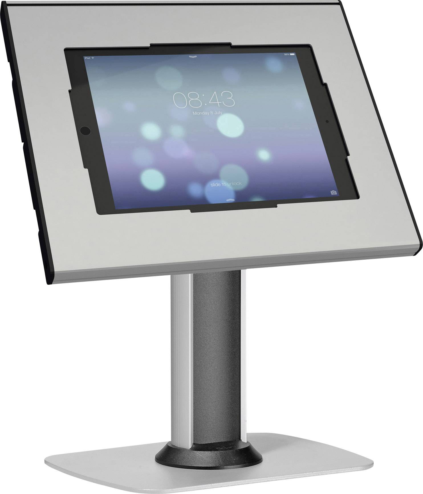 Tablet jest zamontowany w srebrnym uchwycie. Na ekranie widać odblokowany ekran blokady z godziną 08:43.