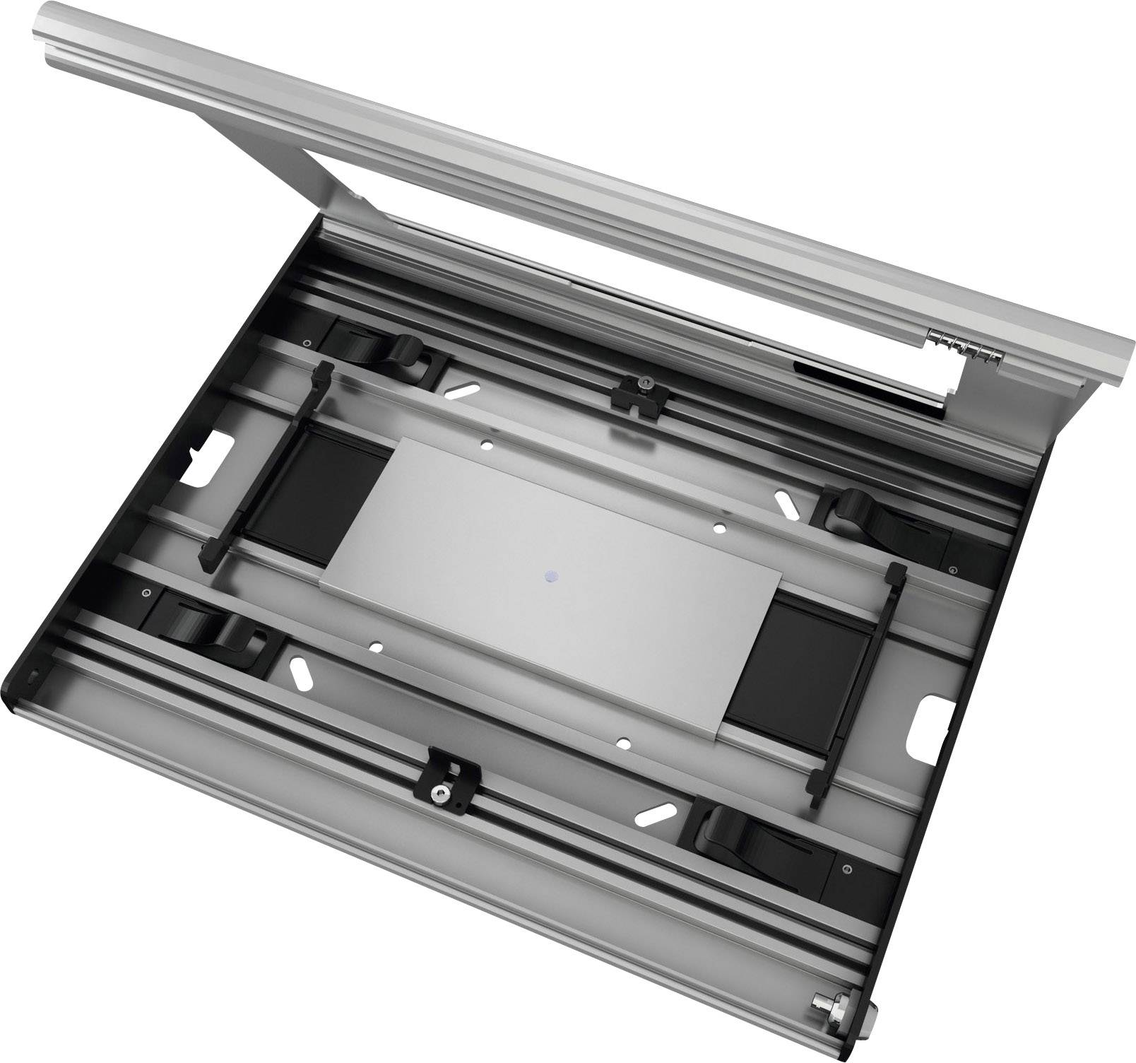 Metalowy element szuflady z prowadnicami umożliwiającymi łatwe wysuwanie. Otwarty, ukazuje widok wewnętrzny z prostokątną komorą.