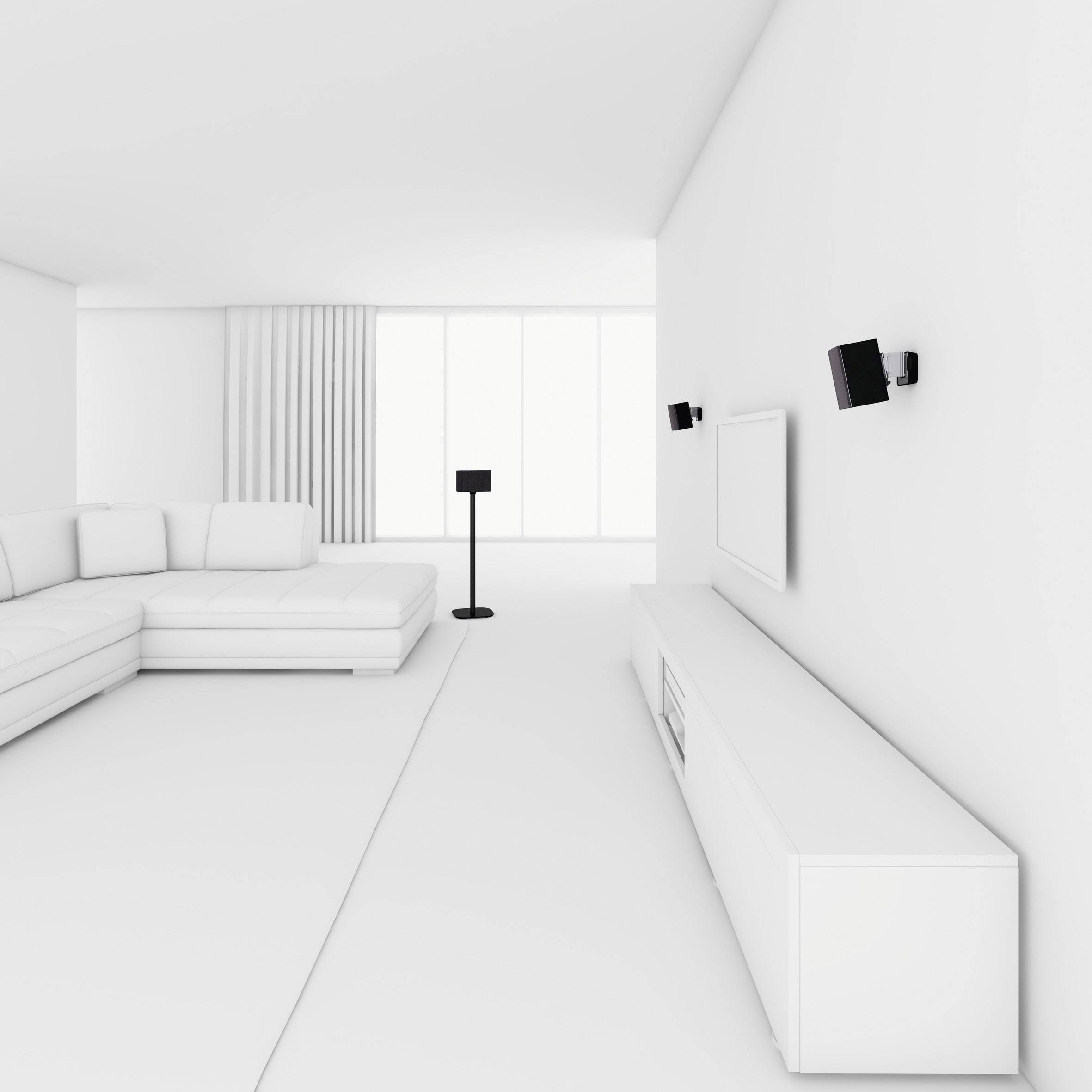 Minimalistyczny biały salon z dużą narożną sofą, oświetleniem ściennym, płaskim telewizorem i dużymi oknami.