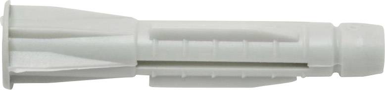 Szary kołek z tworzywa sztucznego, ułożony poziomo, z rozszerzającymi się skrzydełkami i żebrowanym trzpieniem.