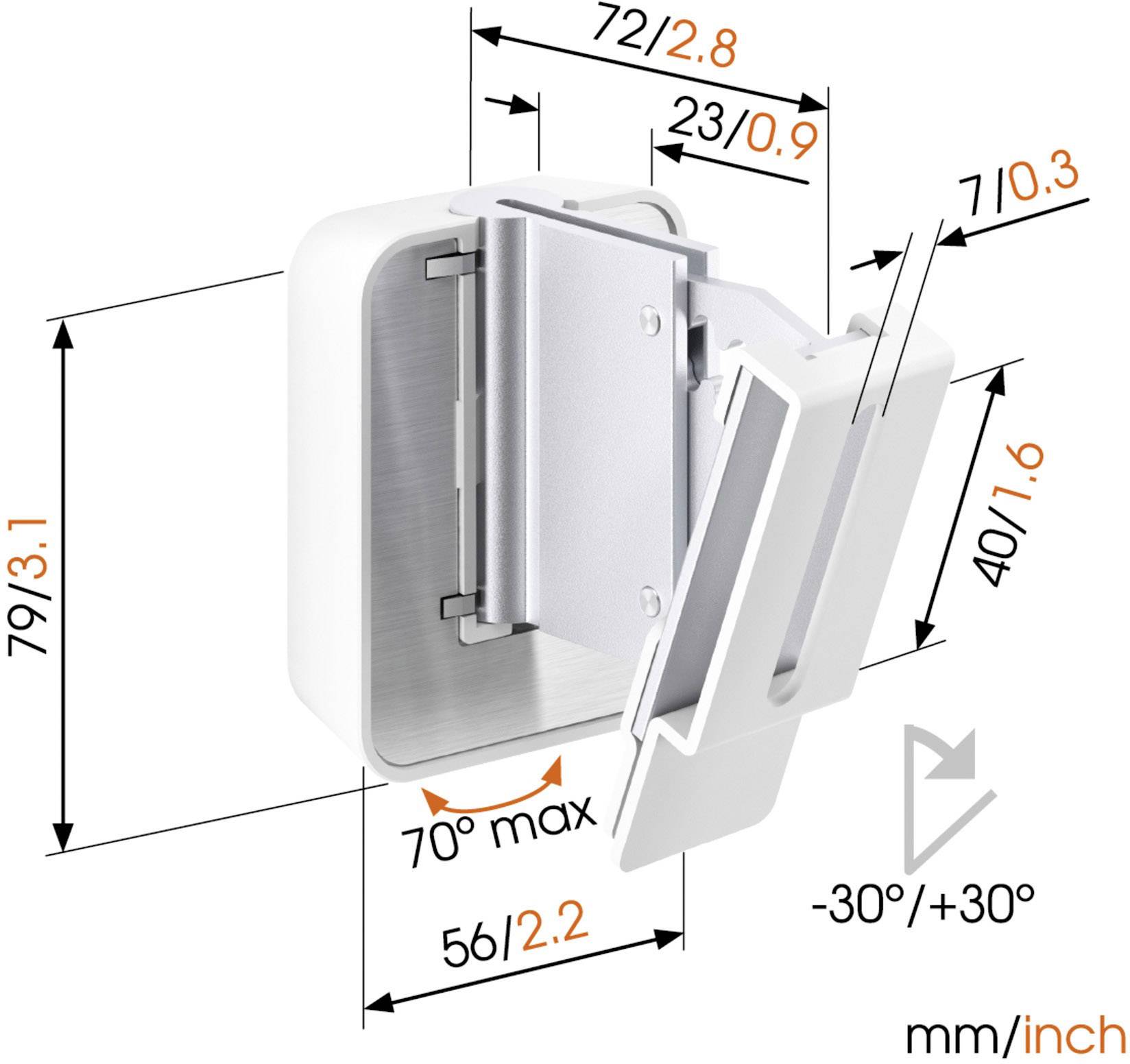 Uchwyt ścienny do telewizora lub monitora z regulowanym kątem nachylenia od -30° do +30°. Wymiary: 79x72x40 mm (3,1x2,8x1,6 cala), maksymalne pochylenie 70°.