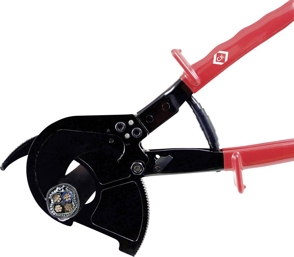 Czerwone cęgi do cięcia kabli z czarną rękojeścią i ząbkowanymi ostrzami, używane do cięcia grubych przewodów.