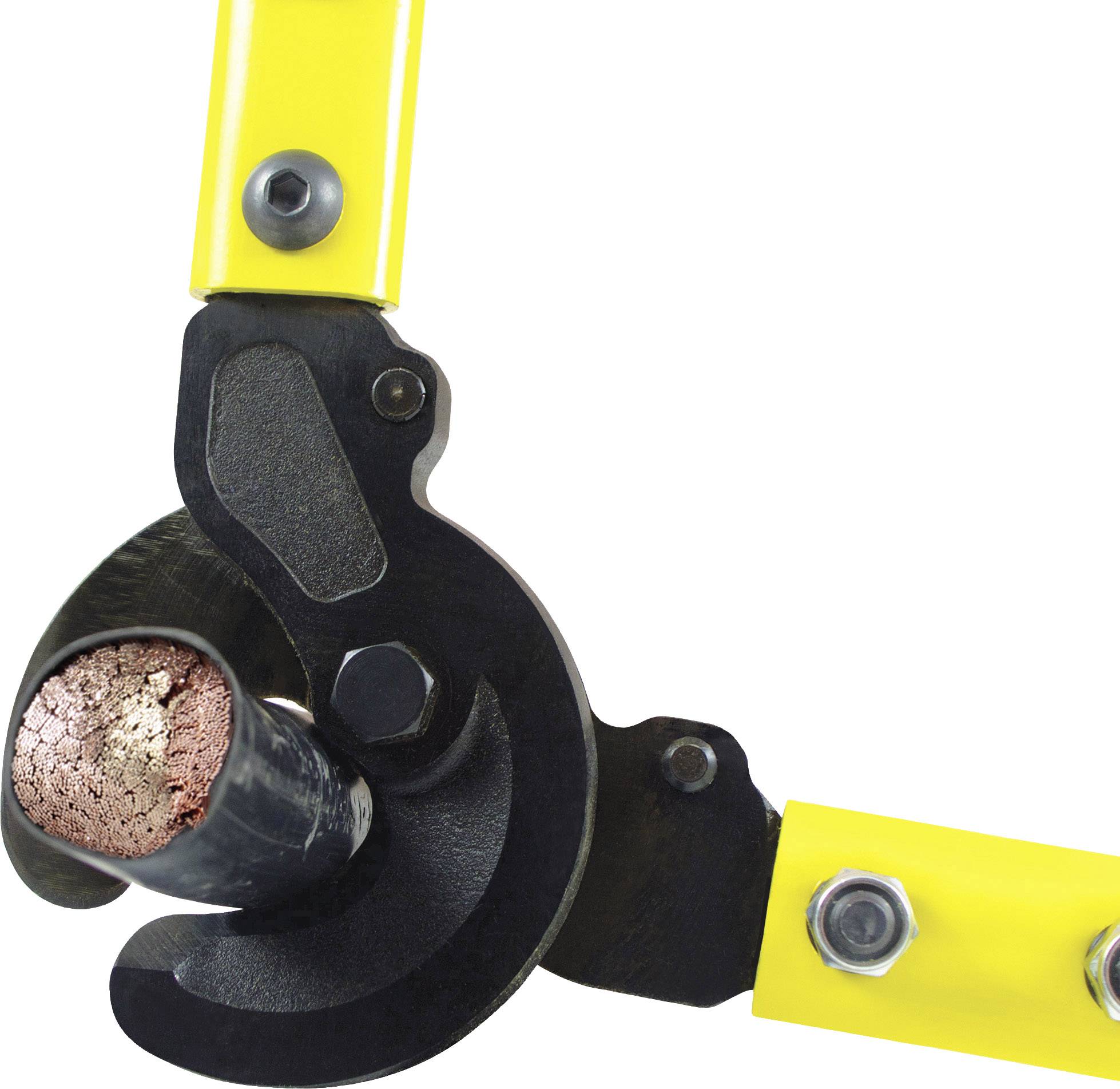 Zbliżenie żółtych szczypiec do cięcia kabli, które przecinają grubą, metalową wiązkę przewodów. Kabel ukazuje miedziane druty w swoim wnętrzu.