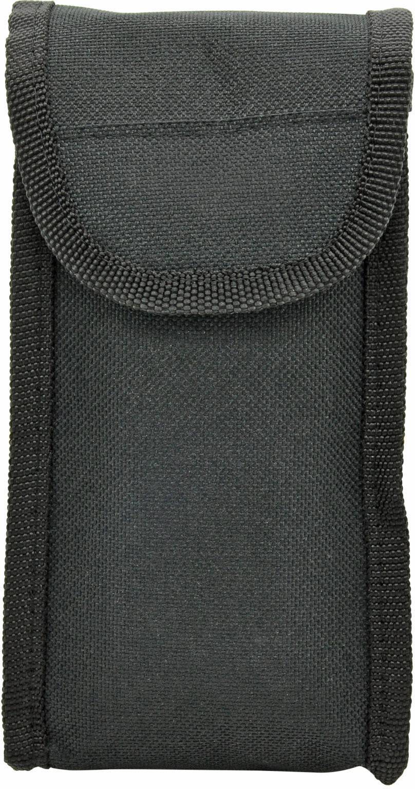 Czarna torba materiałowa z klapką, odpowiednia do przechowywania małych przedmiotów, takich jak narzędzia lub urządzenia elektroniczne.