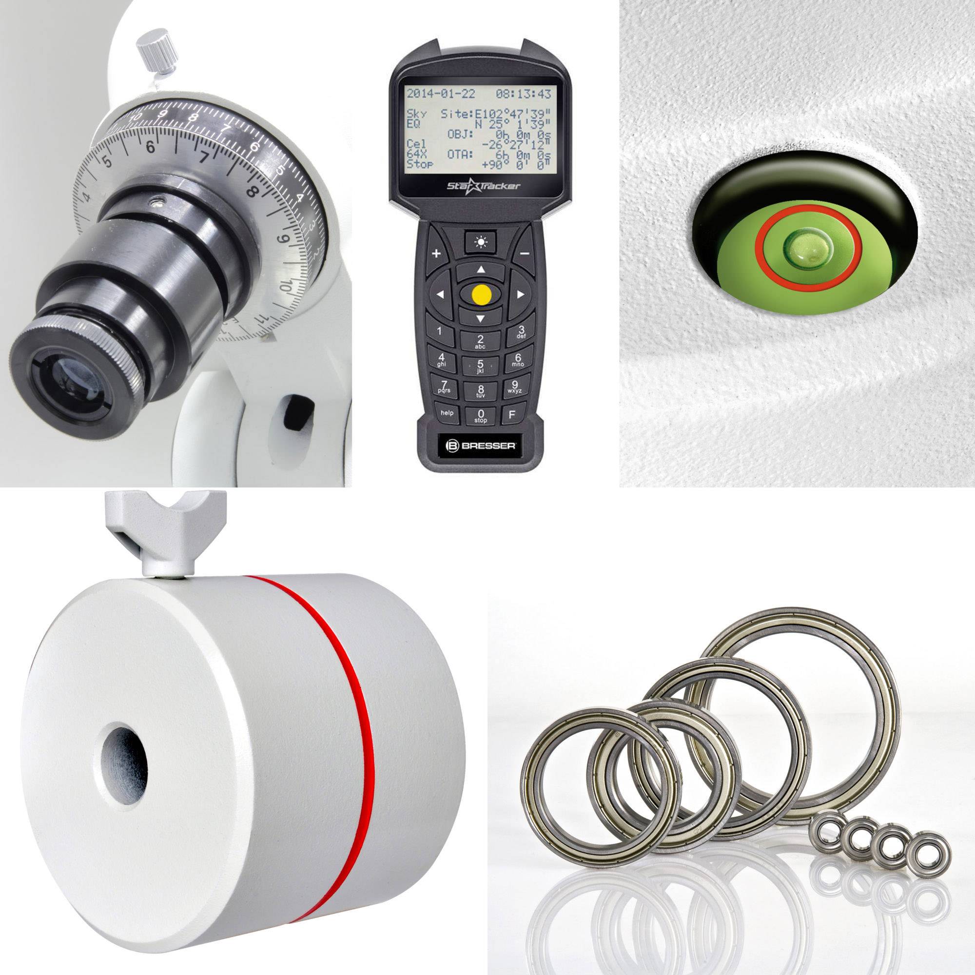 Obraz przedstawia mikroskop, jednostkę wyświetlającą, zielony przycisk, koło z czerwonym paskiem i kilka pierścieni.