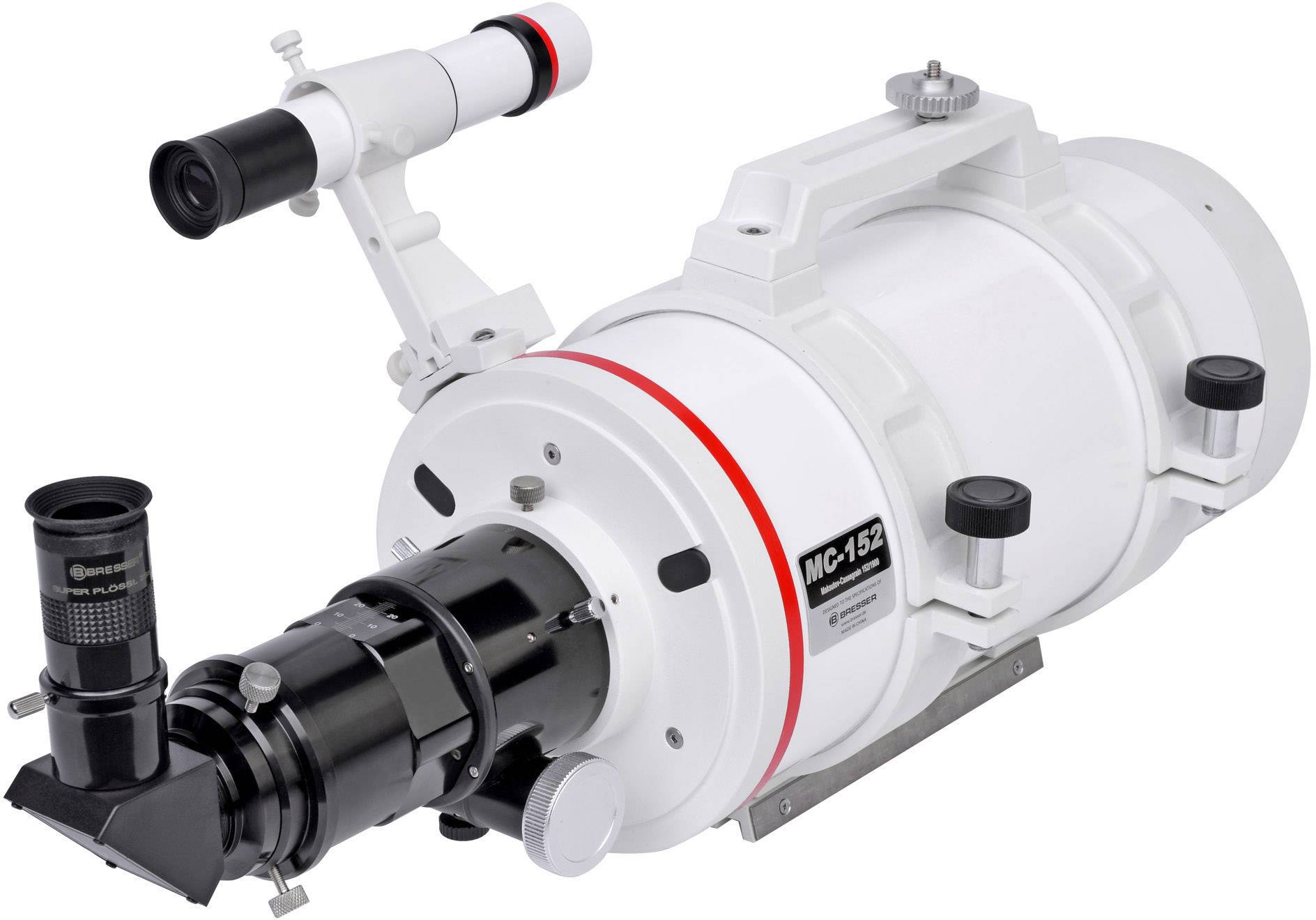 Białyy teleskop z czarnym celownikiem i okularem, oznaczony napisem 'MC-152'. Odpowiedni do obserwacji astronomicznych.