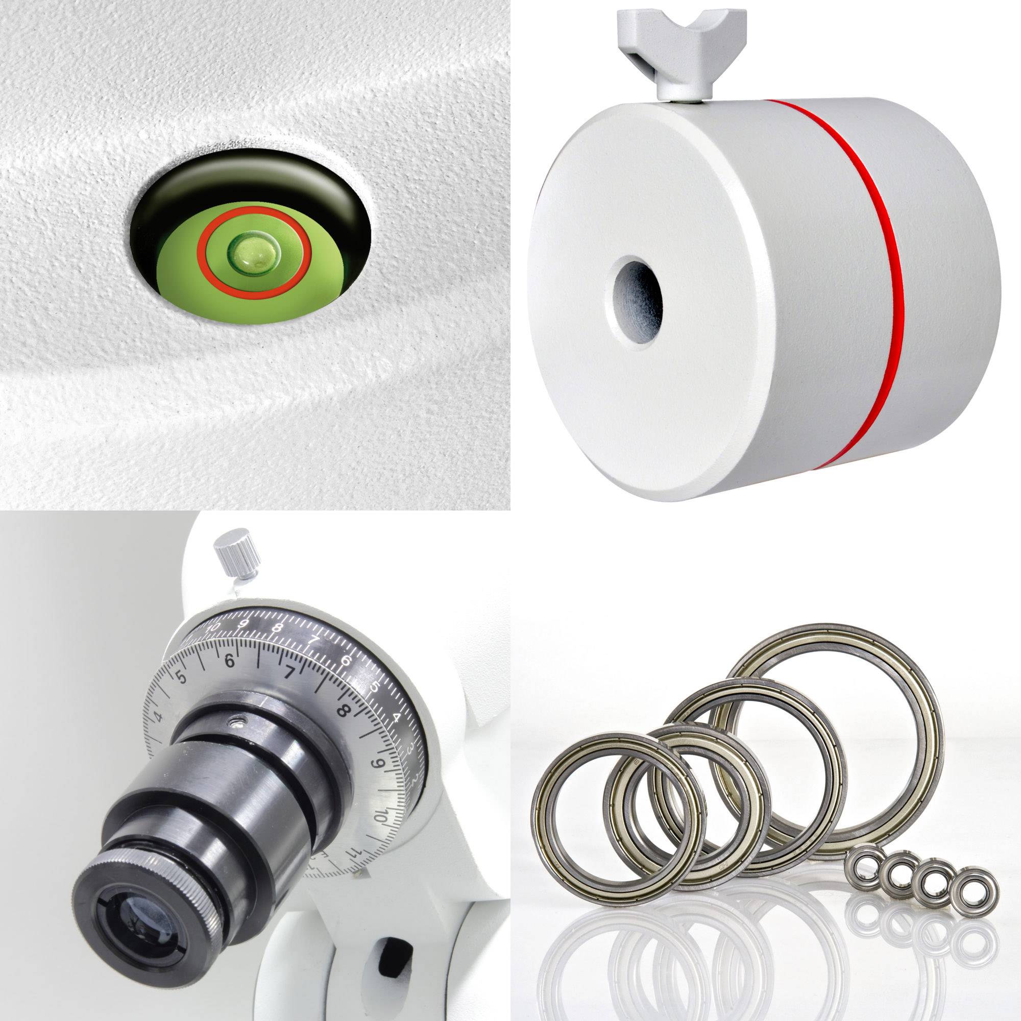 Mikroskop z różnymi elementami wyposażenia: pierścieniem ogniskowym, soczewkami i adapterem. Zielony wskaźnik sygnalizuje "gotowość".