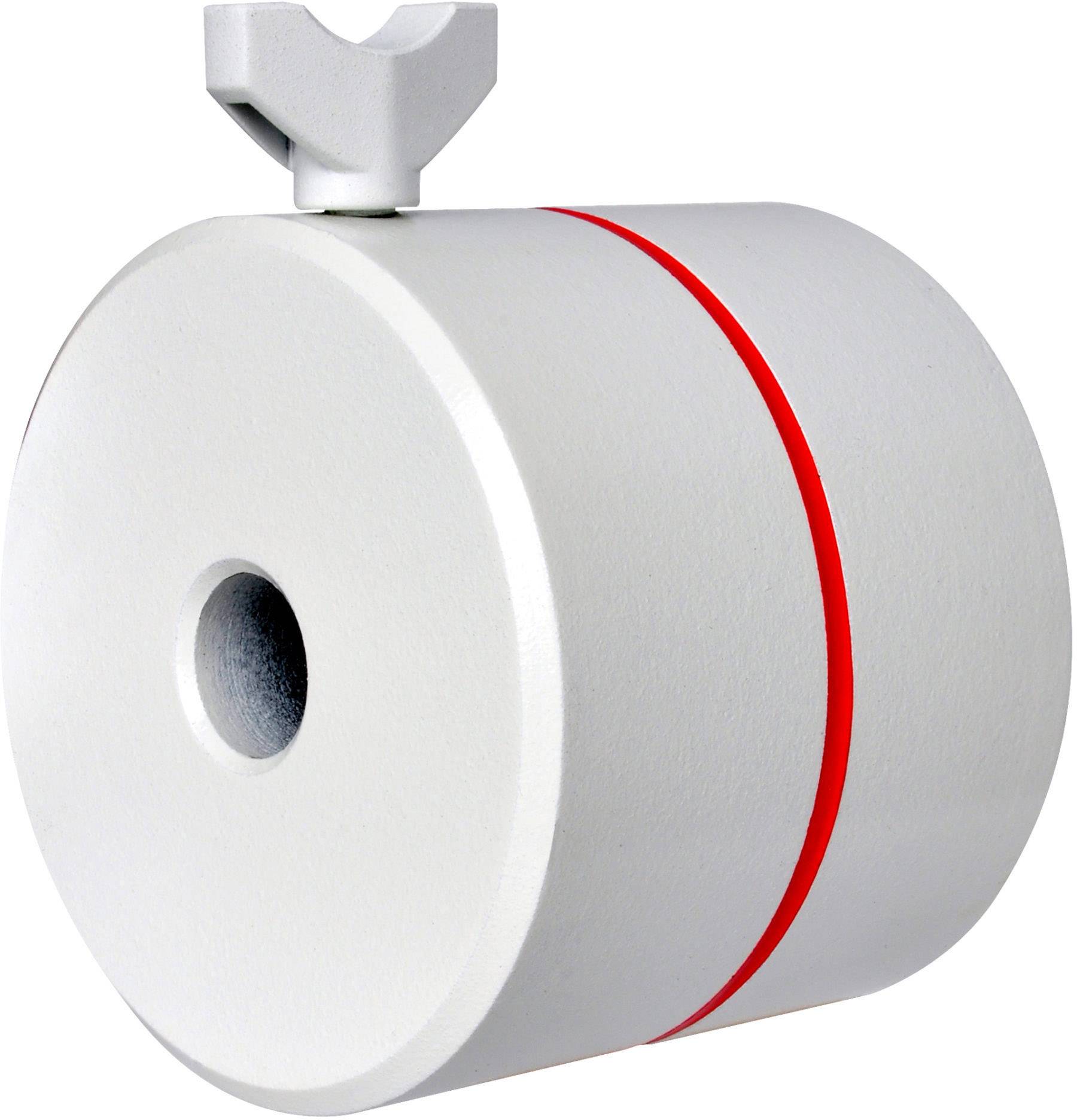 Srebrna, cylindryczna rolka z czerwonym pierścieniem pośrodku i uchwytem na górze.