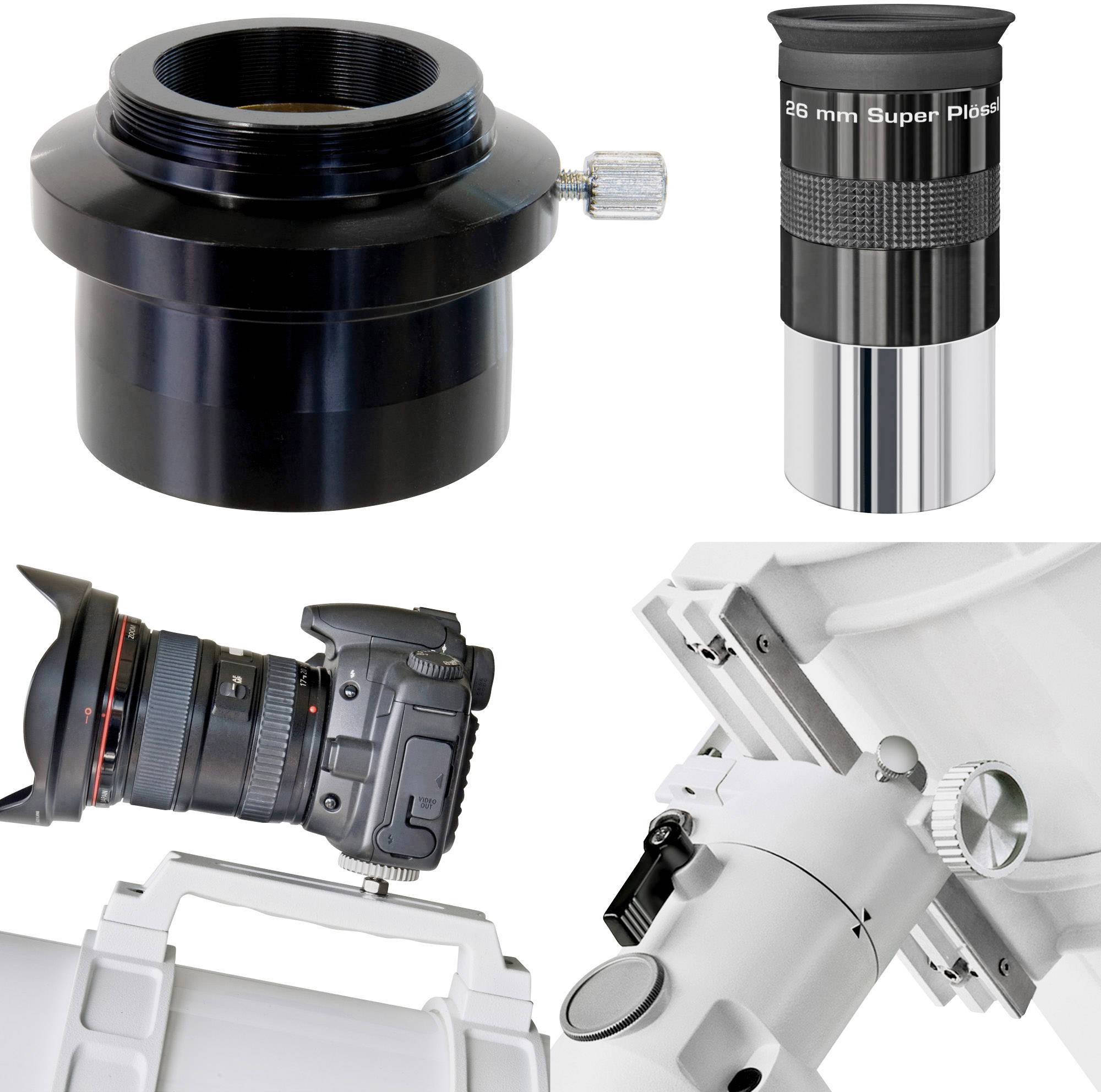 Kamera, adapter teleskopu, okular i teleskop z mocowaniem. Wyposażenie do astrofotografii i obserwacji nieba.