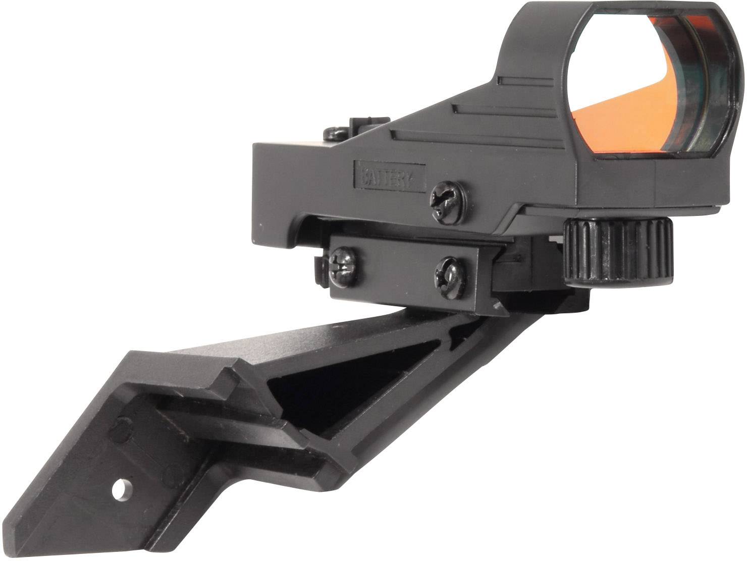 Czarna luneta celownicza z pomarańczową soczewką, zamontowana na uchwycie, na białym tle, przeznaczona do precyzyjnego celowania.