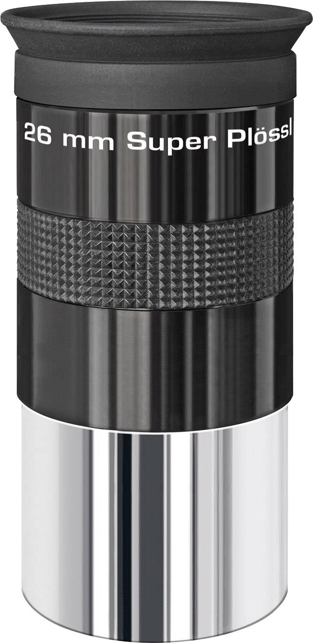 Okular z napisem '26 mm Super Plössl', o czarno-srebrnym wzornictwie, przeznaczony do obserwacji nieba przez teleskop.