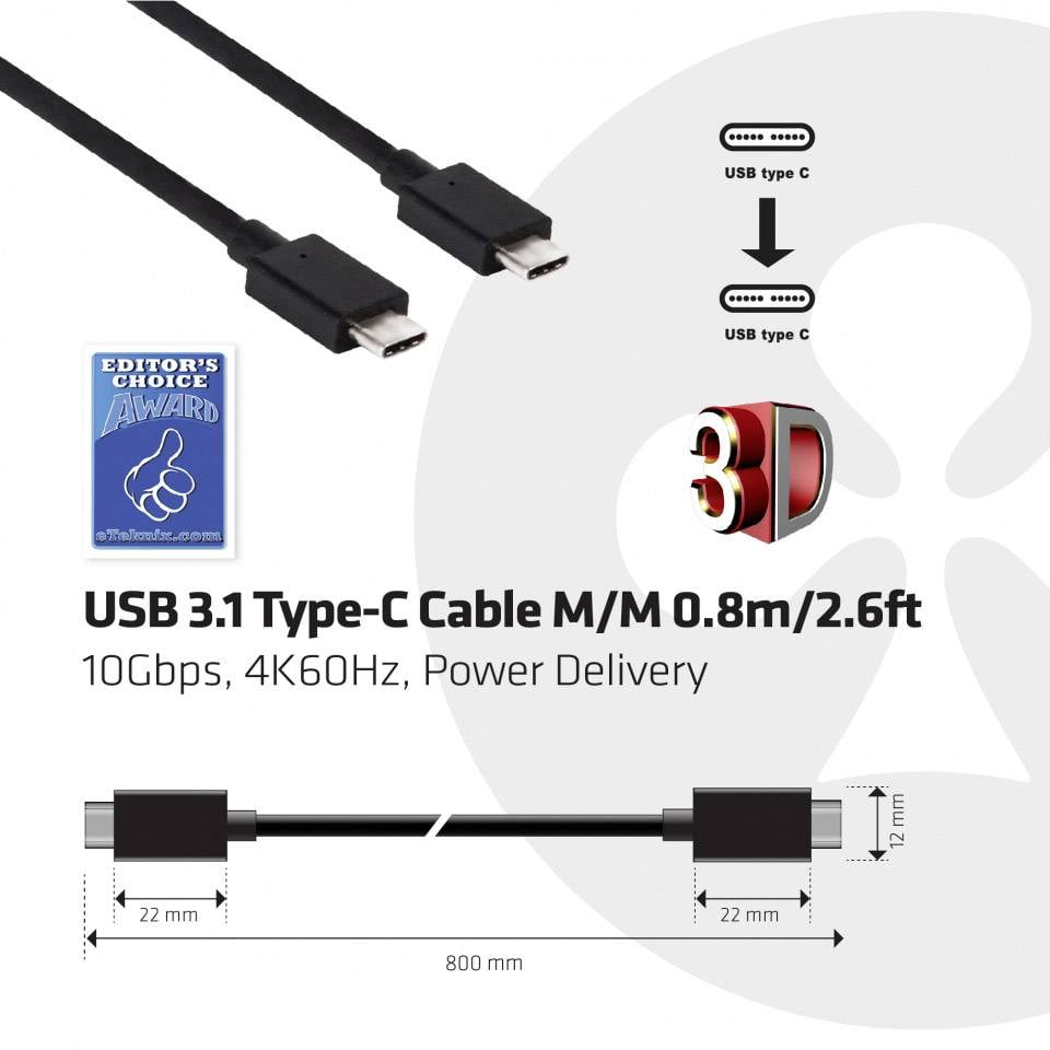 Kabel USB 3.1 Typ-C, wtyk/wtyk, długość 0,8 m/2,6 stóp, obsługa 10 Gb/s, 4K60Hz, Power Delivery, z ilustracją wymiarów złącza.