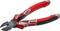 Otwarta szczypce boczne w kolorze czerwonym i czarnym z ergonomicznymi uchwytami leżą na surface. Służą one do cięcia drutu i kabli.