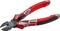 Obcinacz boczny skośny z czerwonymi i szarymi uchwytami oraz ostrymi ostrzami, używany do cięcia przewodów lub kabli.