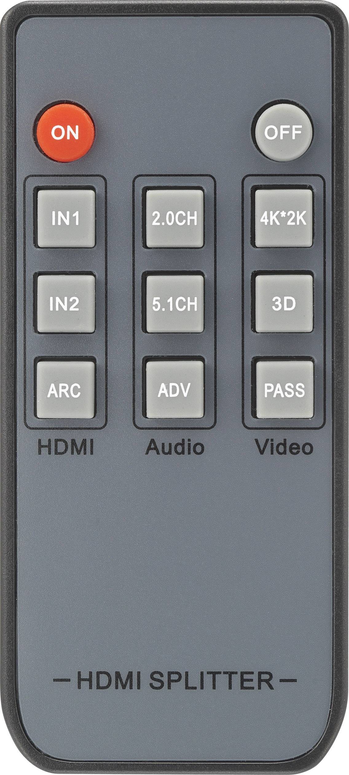 Pilot zdalnego sterowania w szarej obudowie z wieloma przyciskami. Przyciski do wyboru wejść HDMI, trybów audio, ustawień wideo, włącznika/wyłącznika.