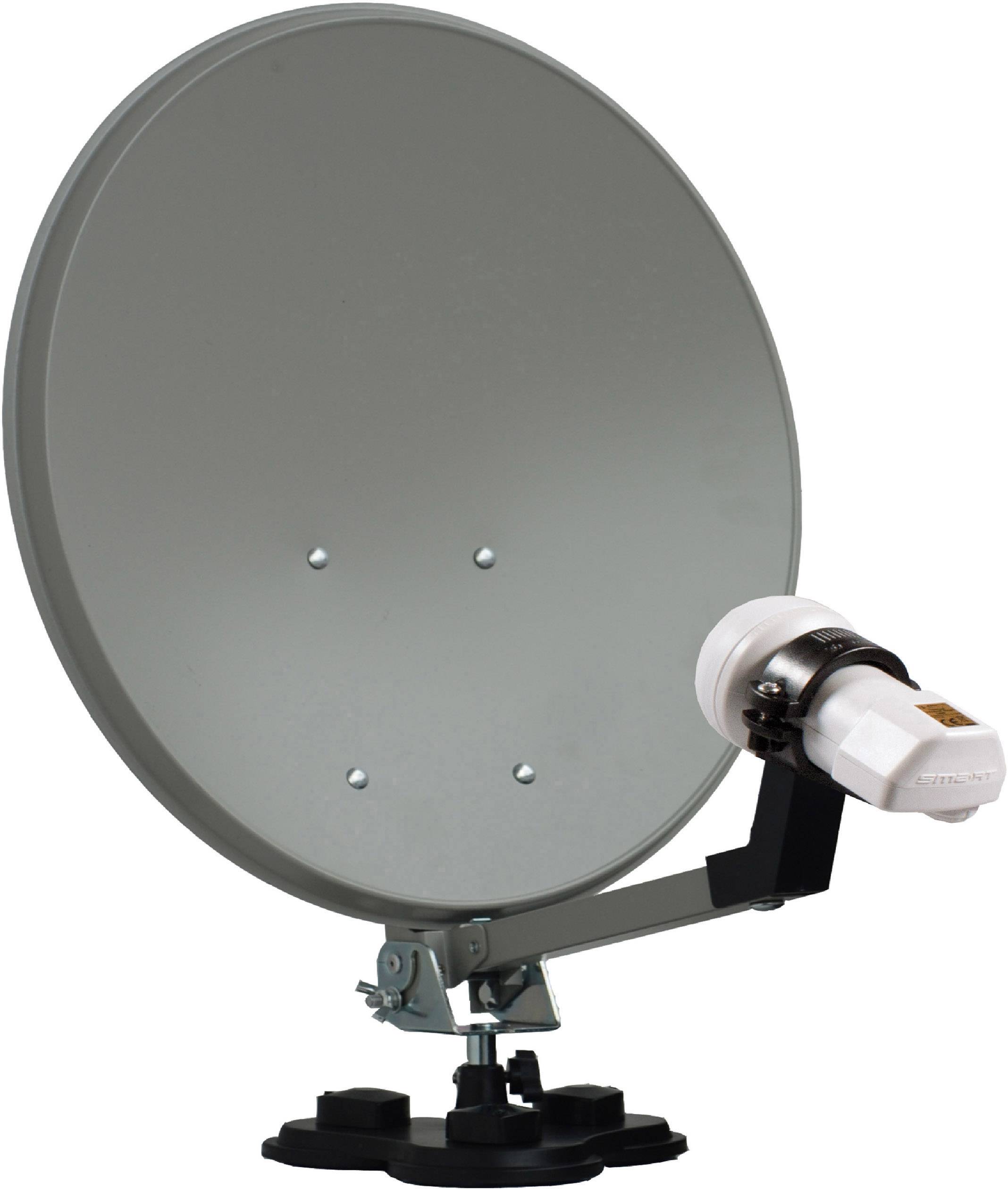 Antena satelitarna z szarym reflektorem parabolicznym i białym konwerterem LNB, zamontowana na statywie.