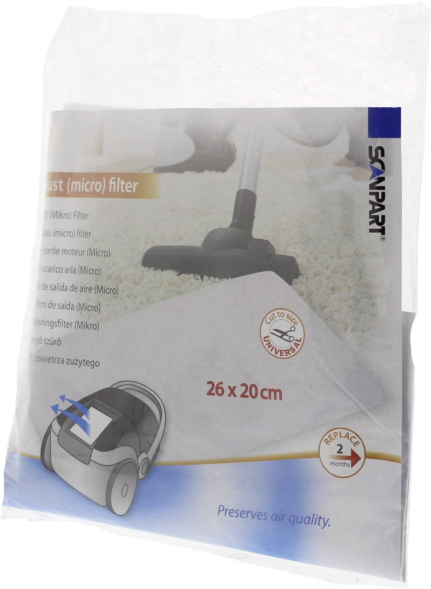 Mikrofiltr do odkurzacza (26 x 20 cm) firmy Scanpart w przezroczystym opakowaniu, poprawia jakość powietrza, wymieniać co dwa miesiące.