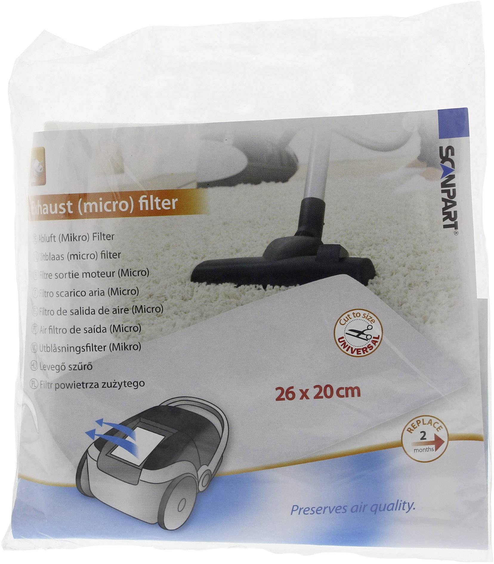 Opakowanie mikrofiltra do odkurzacza. Na opakowaniu przedstawiono odkurzacz na dywanie. Tekst na opakowaniu: 'Chroni jakość powietrza'.